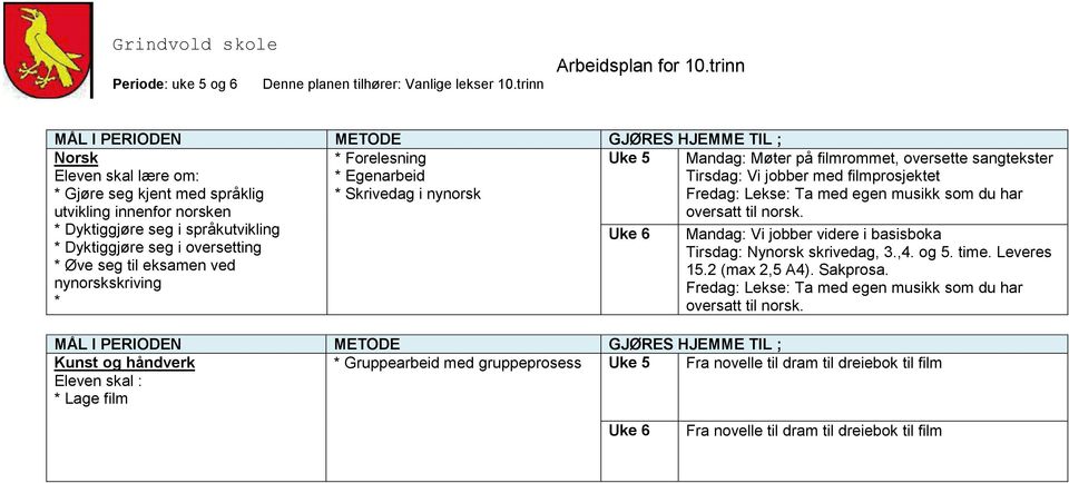 musikk som du har oversatt til norsk. Mandag: Vi jobber videre i basisboka Tirsdag: Nynorsk skrivedag, 3.,4. og 5. time. Leveres 15.2 (max 2,5 A4). Sakprosa.