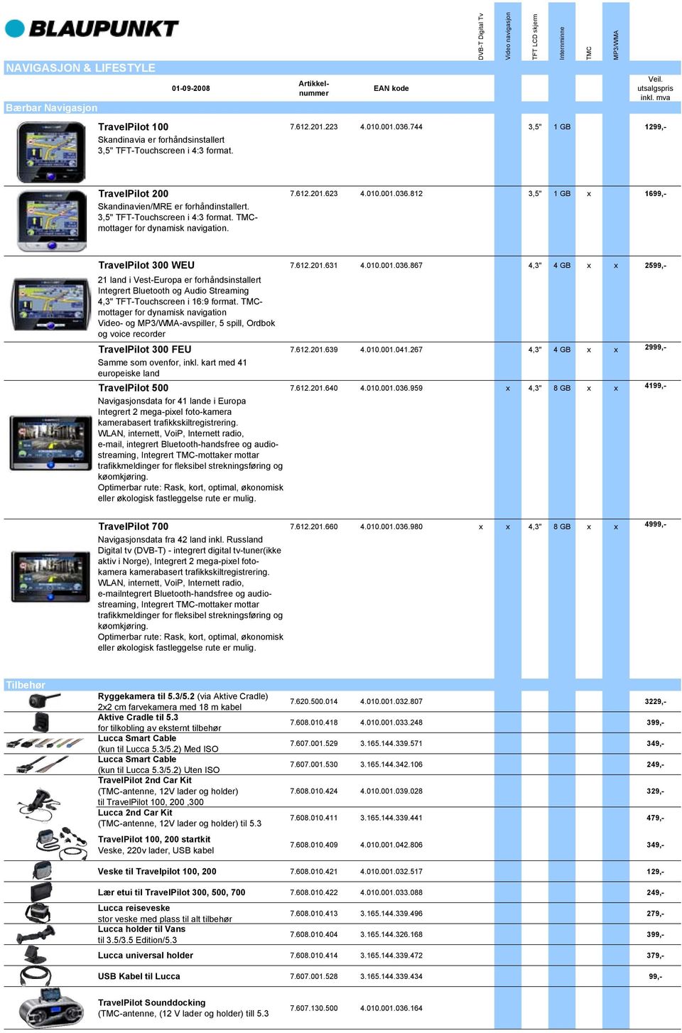 3,5" TFT-Touchscreen i 4:3 format. TMCmottager for dynamisk navigation. TravelPilot 300 WEU 7.612.201.631 4.010.001.036.