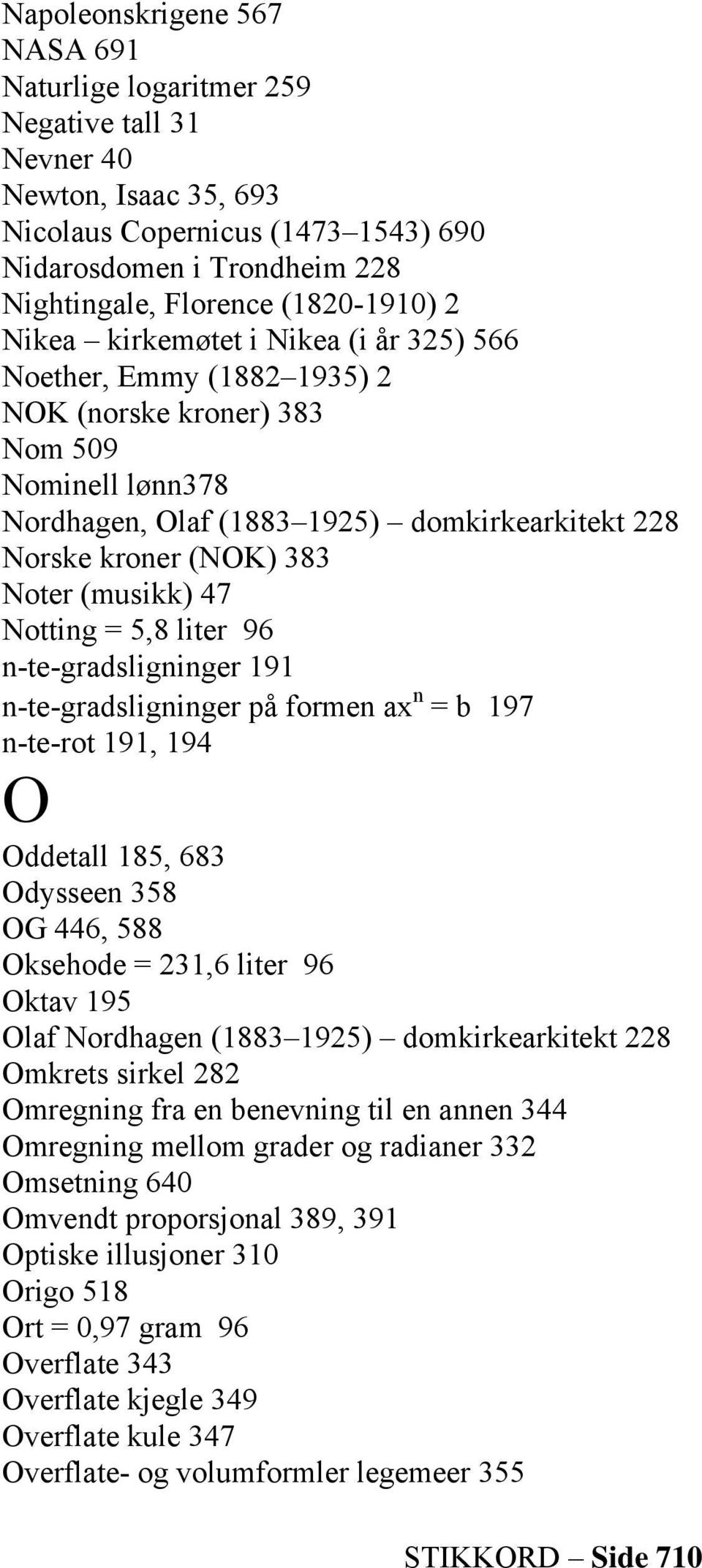 383 Noter (musikk) 47 Notting = 5,8 liter 96 n-te-gradsligninger 191 n-te-gradsligninger på formen ax n = b 197 n-te-rot 191, 194 O Oddetall 185, 683 Odysseen 358 OG 446, 588 Oksehode = 231,6 liter