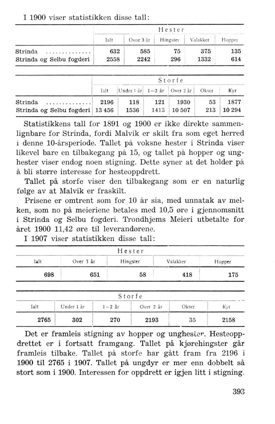 .......... 2196 118 121 1930 Strinda ag Selbu fagderi 13456 1536 1413 10507 Okser 53 213 Kyr 1877 10 294 Statistikkens tall for 1891 og 1900 er ikke direkte sammenlignbare for Strinda, fordi Malvik