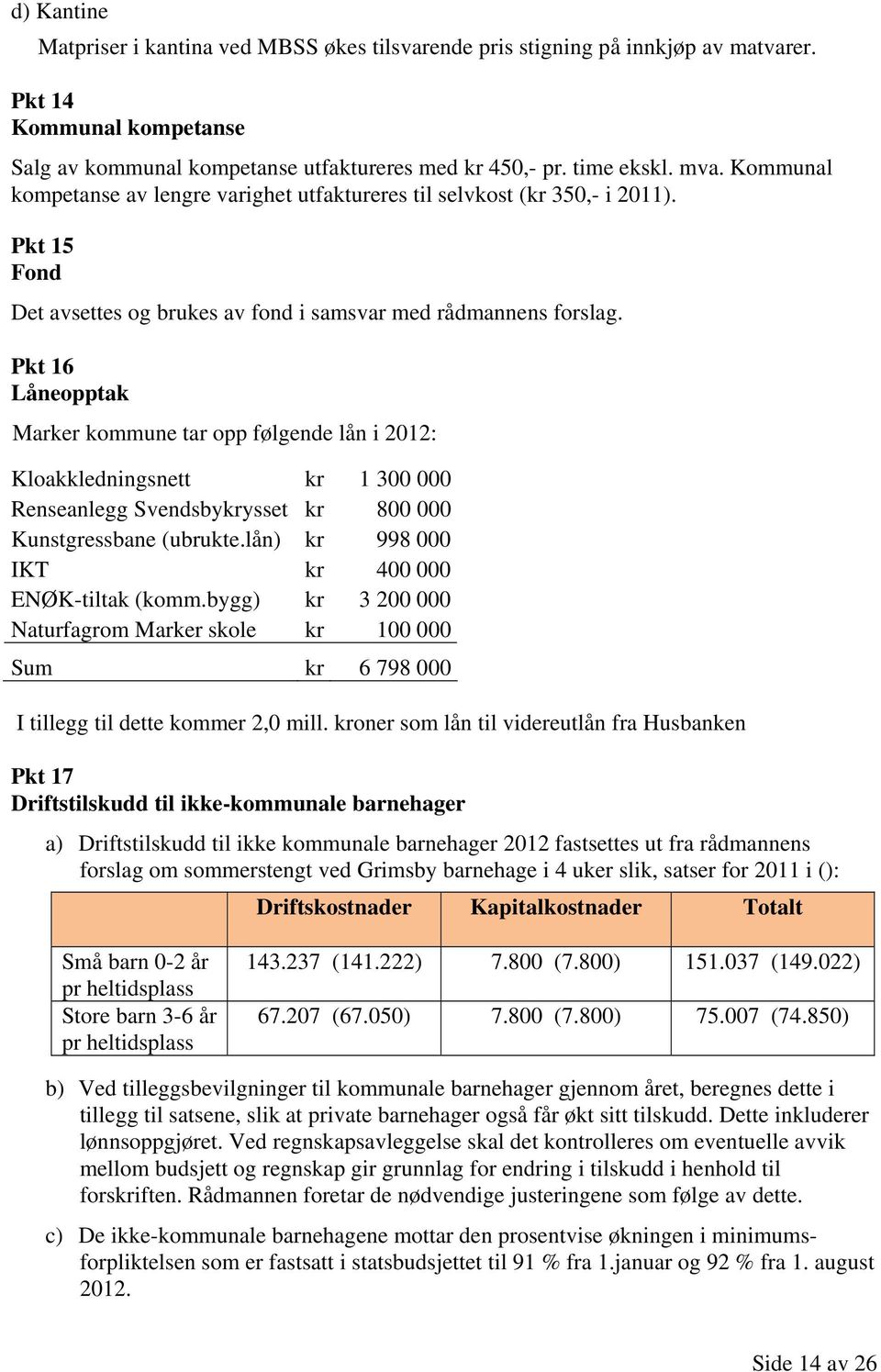 Pkt 16 Låneopptak Marker kommune tar opp følgende lån i 2012: Kloakkledningsnett kr 1 300 000 Renseanlegg Svendsbykrysset kr 800 000 Kunstgressbane (ubrukte.