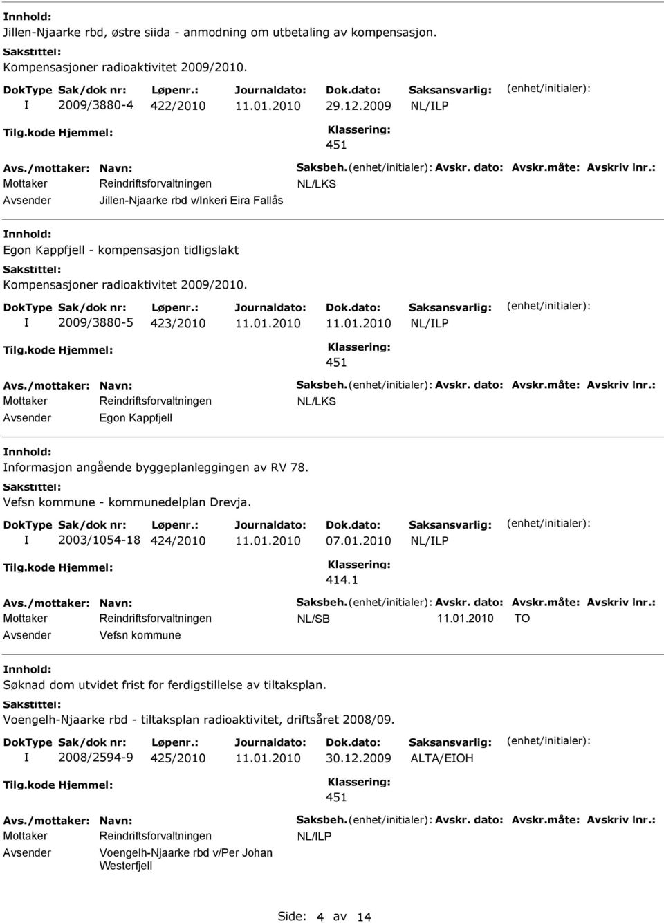 /mottaker: Navn: Saksbeh. Avskr. dato: Avskr.måte: Avskriv lnr.: NL/LKS Egon Kappfjell nformasjon angående byggeplanleggingen av RV 78. Vefsn kommune - kommunedelplan Drevja. 2003/1054-18 424/2010 07.