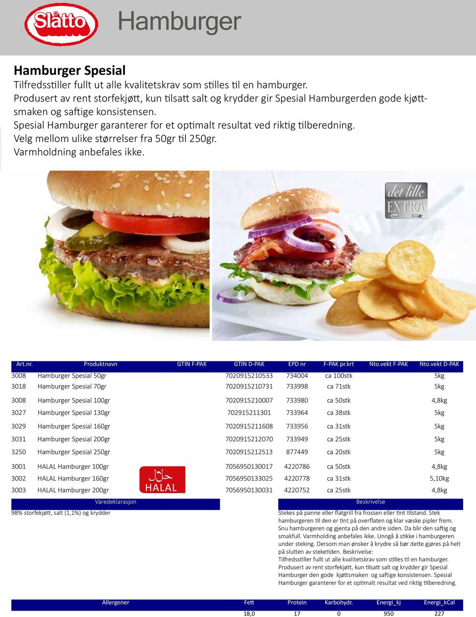 Spesial Hamburger garanterer for et optimalt resultat ved riktig tilberedning. Velg mellom ulike størrelser fra 50gr til 250gr. Varmholdning anbefales ikke. Art.nr.