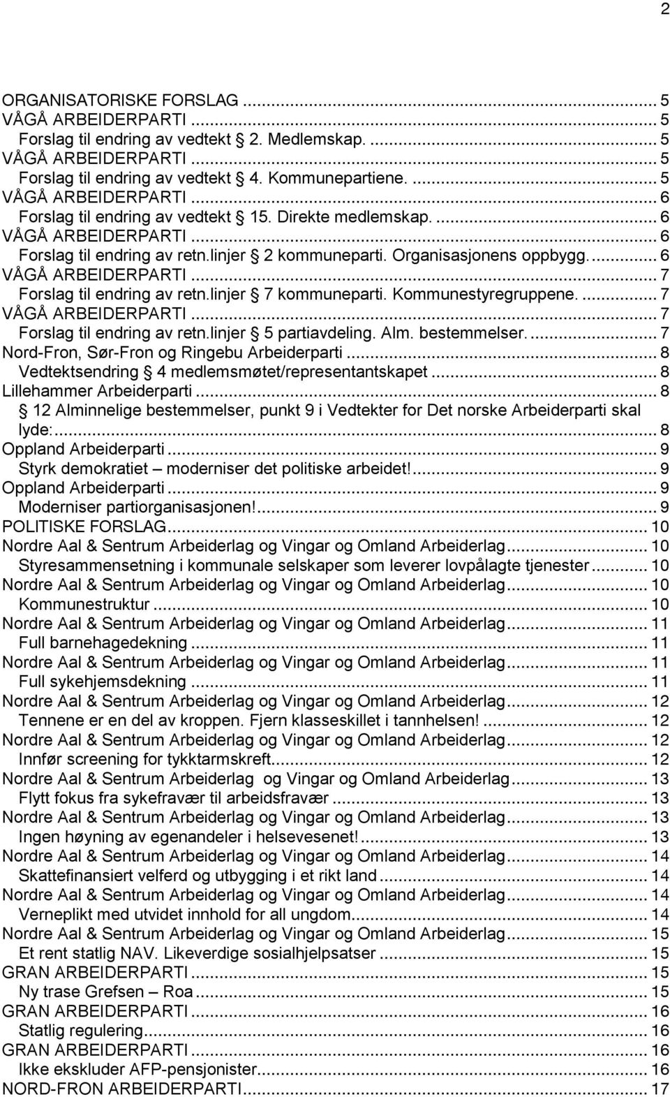 linjer 7 kommuneparti. Kommunestyregruppene.... 7 VÅGÅ ARBEIDERPARTI... 7 Forslag til endring av retn.linjer 5 partiavdeling. Alm. bestemmelser... 7 Nord-Fron, Sør-Fron og Ringebu Arbeiderparti.