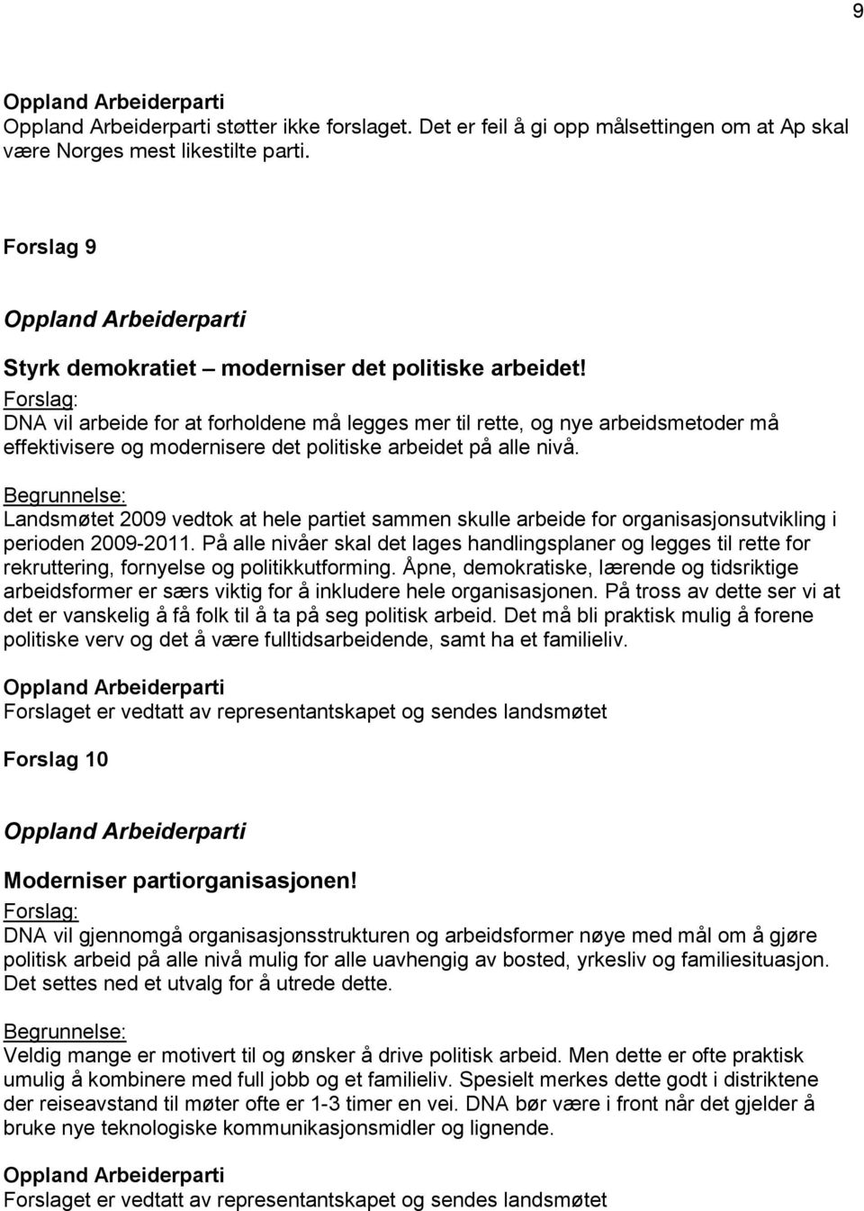 Landsmøtet 2009 vedtok at hele partiet sammen skulle arbeide for organisasjonsutvikling i perioden 2009-2011.