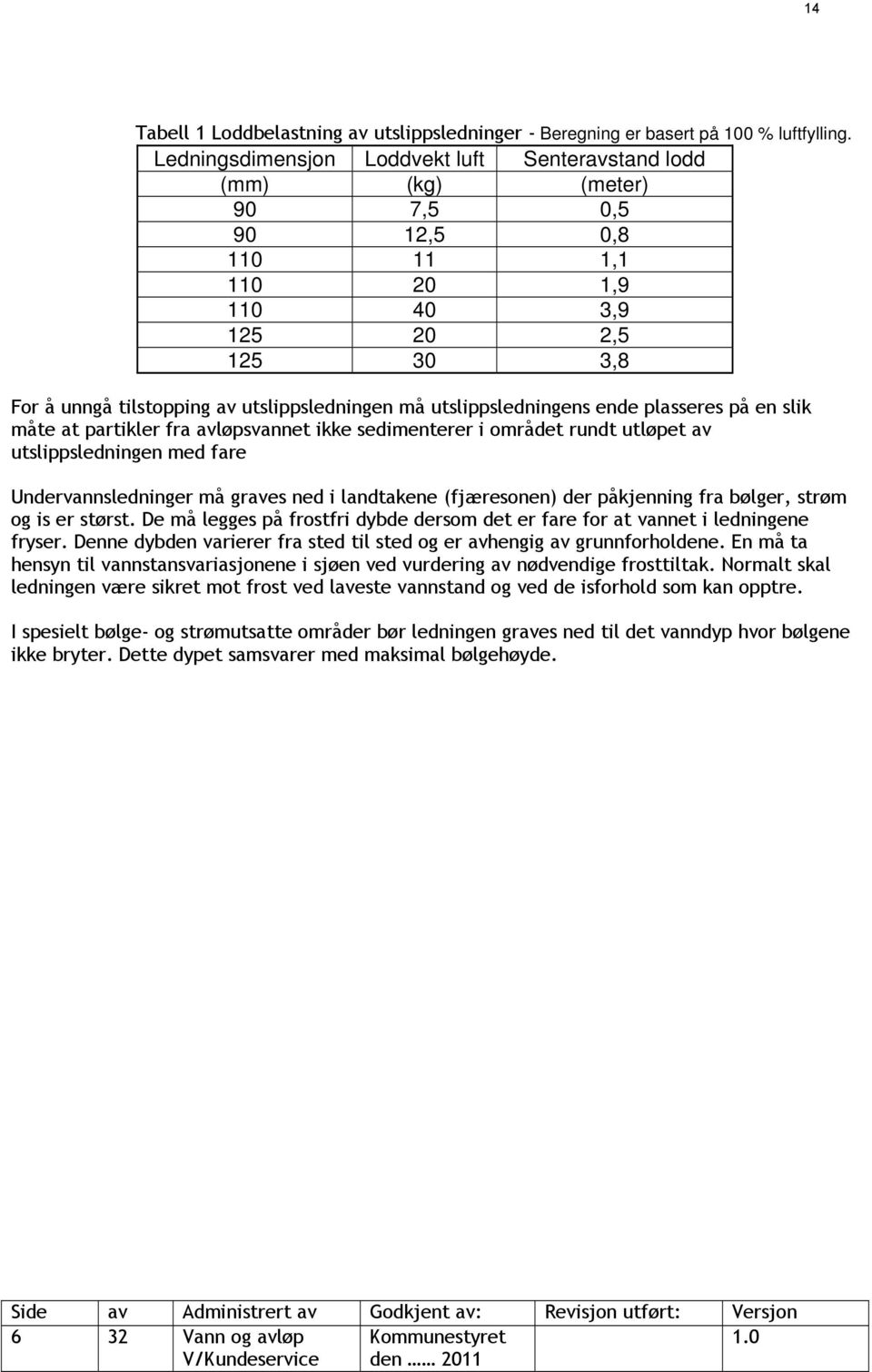 utslippsledningens ende plasseres på en slik måte at partikler fra avløpsvannet ikke sedimenterer i området rundt utløpet av utslippsledningen med fare Undervannsledninger må graves ned i landtakene