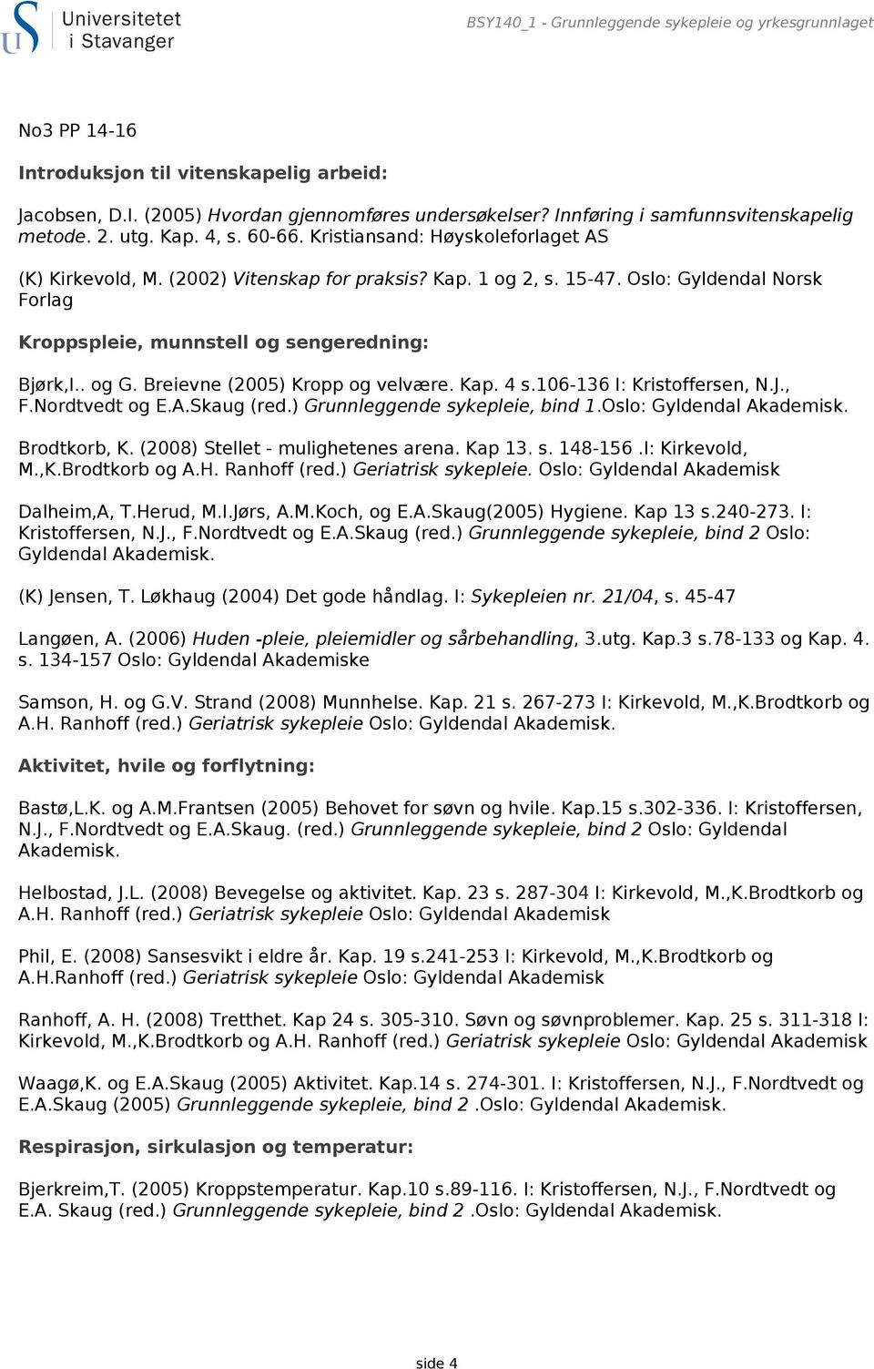 Oslo: Gyldendal Norsk Forlag Kroppspleie, munnstell og sengeredning: Bjørk,I.. og G. Breievne (2005) Kropp og velvære. Kap. 4 s.106-136 I: Kristoffersen, N.J., F.Nordtvedt og E.A.Skaug (red.