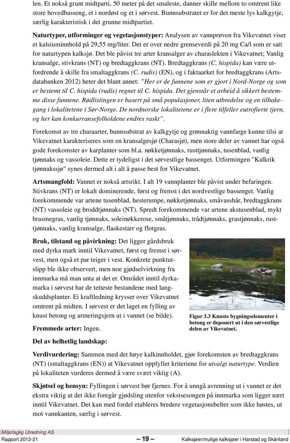 Naturtyper, utforminger og vegetasjonstyper: Analysen av vannprøven fra Vikevatnet viser et kalsiuminnhold på 29,55 mg/liter.