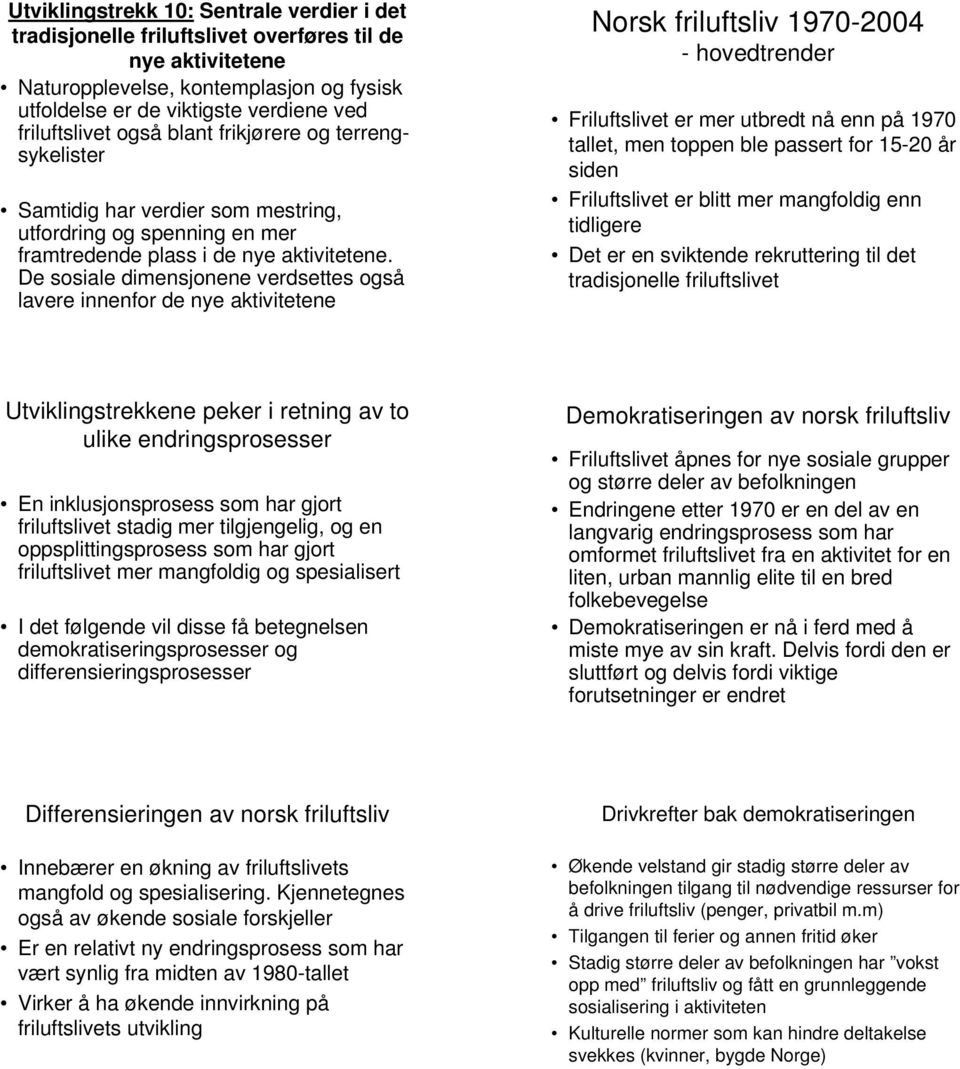 De sosiale dimensjonene verdsettes også lavere innenfor de nye aktivitetene Norsk friluftsliv 197-24 - hovedtrender Friluftslivet er mer utbredt nå enn på 197 tallet, men toppen ble passert for 15-2