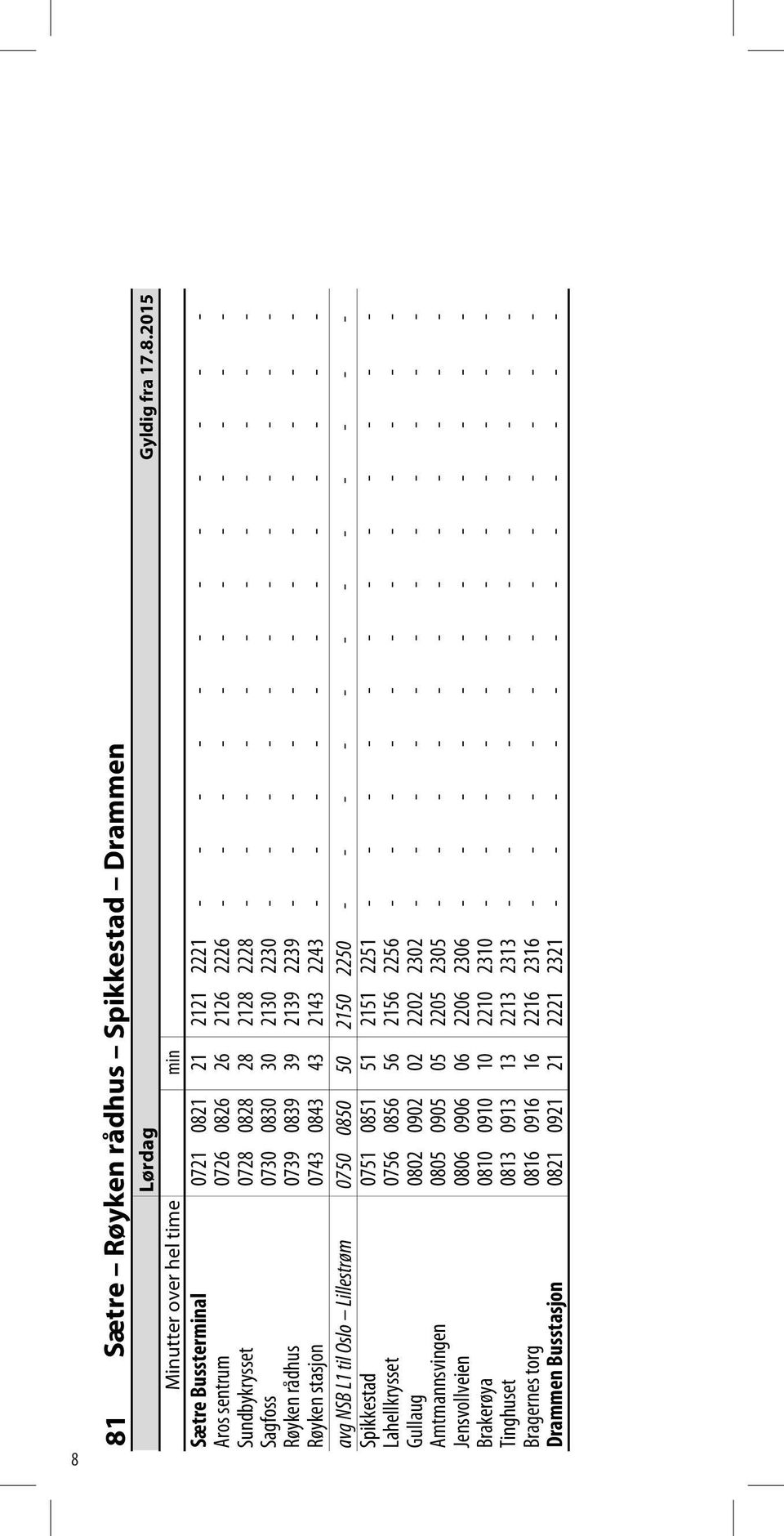 - - - Røyken stasjon 0743 0843 43 2143 2243 - - - - - - - - - - - - avg NSB L1 til Oslo Lillestrøm 0750 0850 50 2150 2250 - - - - - - - - - - - - Spikkestad 0751 0851 51 2151 2251 - - - - - - - - - -