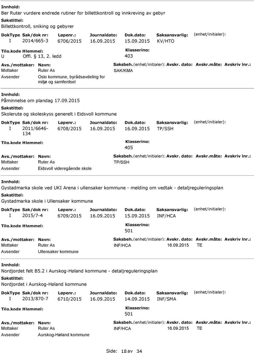 : SAK/KMA Oslo kommune, byrådsavdeling for miljø og samferdsel nnhold: Påminnelse om plandag Skolerute og skoleskyss generelt i Eidsvoll kommune 2011/6646-134 6708/2015 TP/SSH 405 Avs.