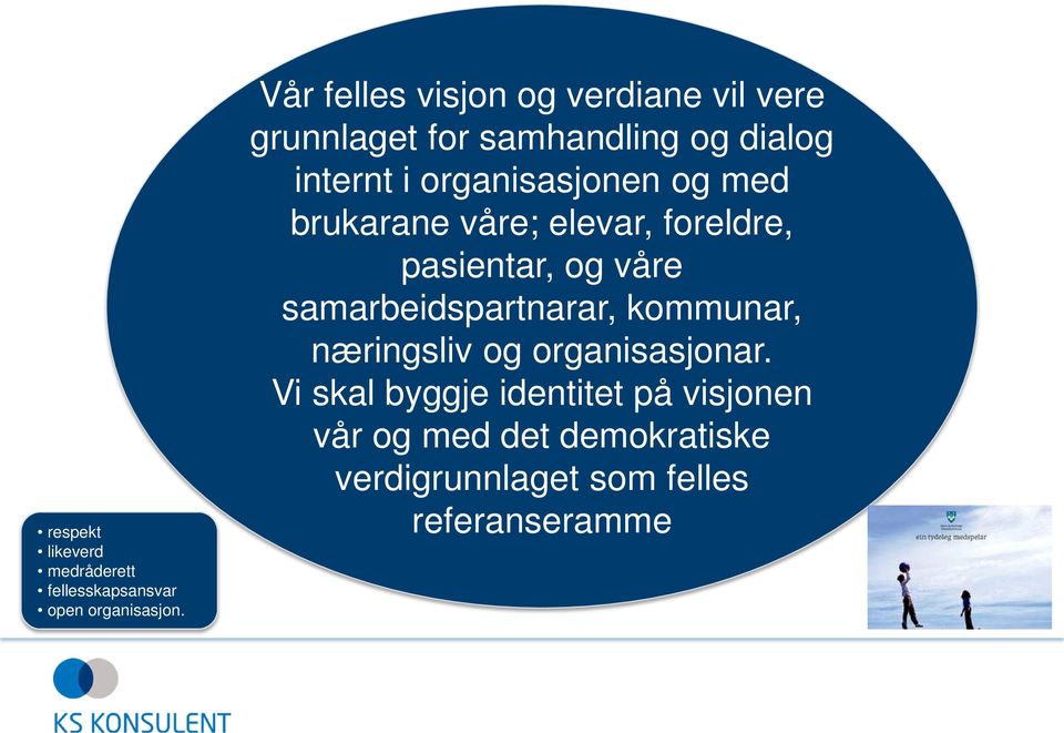 organisasjonen og med brukarane våre; elevar, foreldre, pasientar, og våre samarbeidspartnarar,