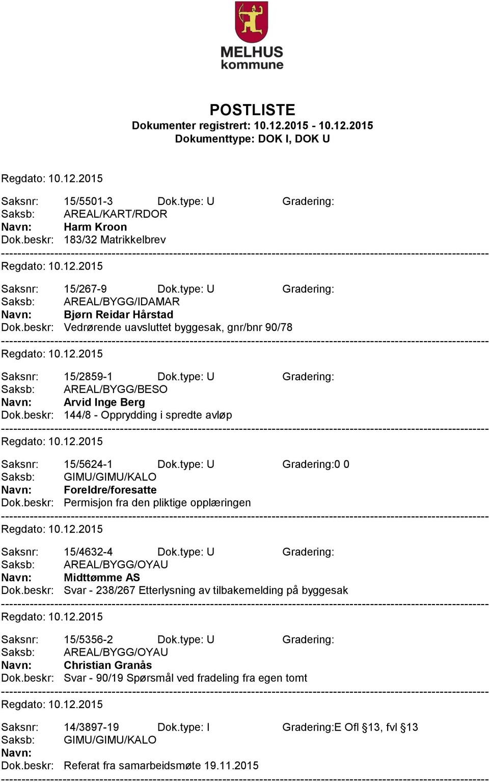 beskr: 144/8 - Opprydding i spredte avløp Saksnr: 15/5624-1 Dok.type: U Gradering:0 0 Foreldre/foresatte Dok.beskr: Permisjon fra den pliktige opplæringen Saksnr: 15/4632-4 Dok.