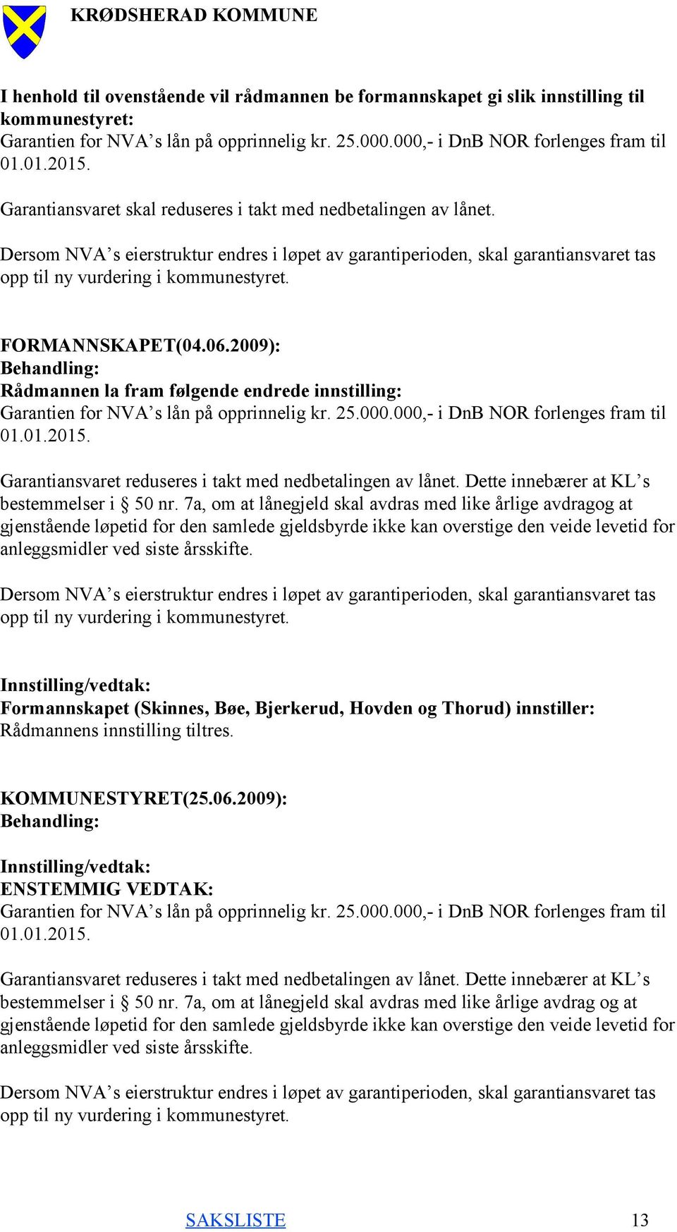 FORMANNSKAPET(04.06.2009): Rådmannen la fram følgende endrede innstilling: Garantien for NVA s lån på opprinnelig kr. 25.000.000,- i DnB NOR forlenges fram til 01.01.2015.