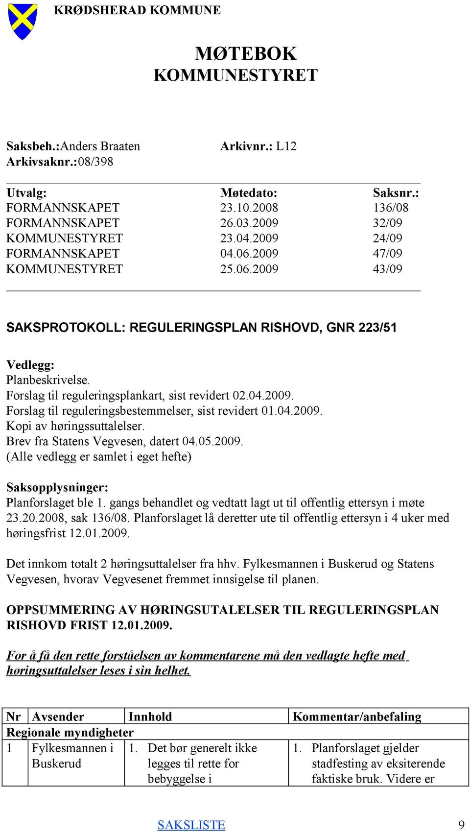 04.2009. Kopi av høringssuttalelser. Brev fra Statens Vegvesen, datert 04.05.2009. (Alle vedlegg er samlet i eget hefte) Saksopplysninger: Planforslaget ble 1.