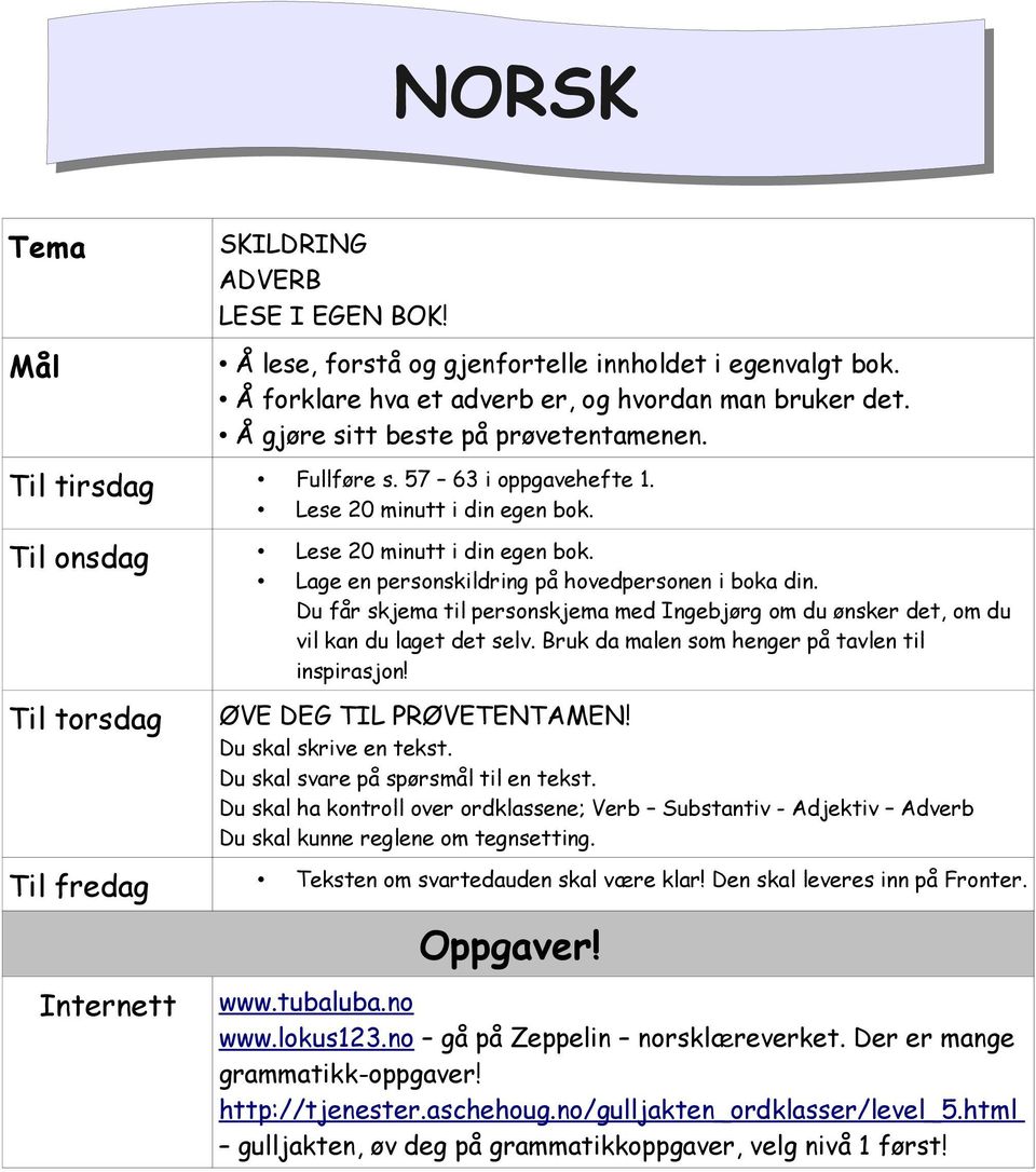 Du får skjema til personskjema med Ingebjørg om du ønsker det, om du vil kan du laget det selv. Bruk da malen som henger på tavlen til inspirasjon! Til torsdag ØVE DEG TIL PRØVETENTAMEN!