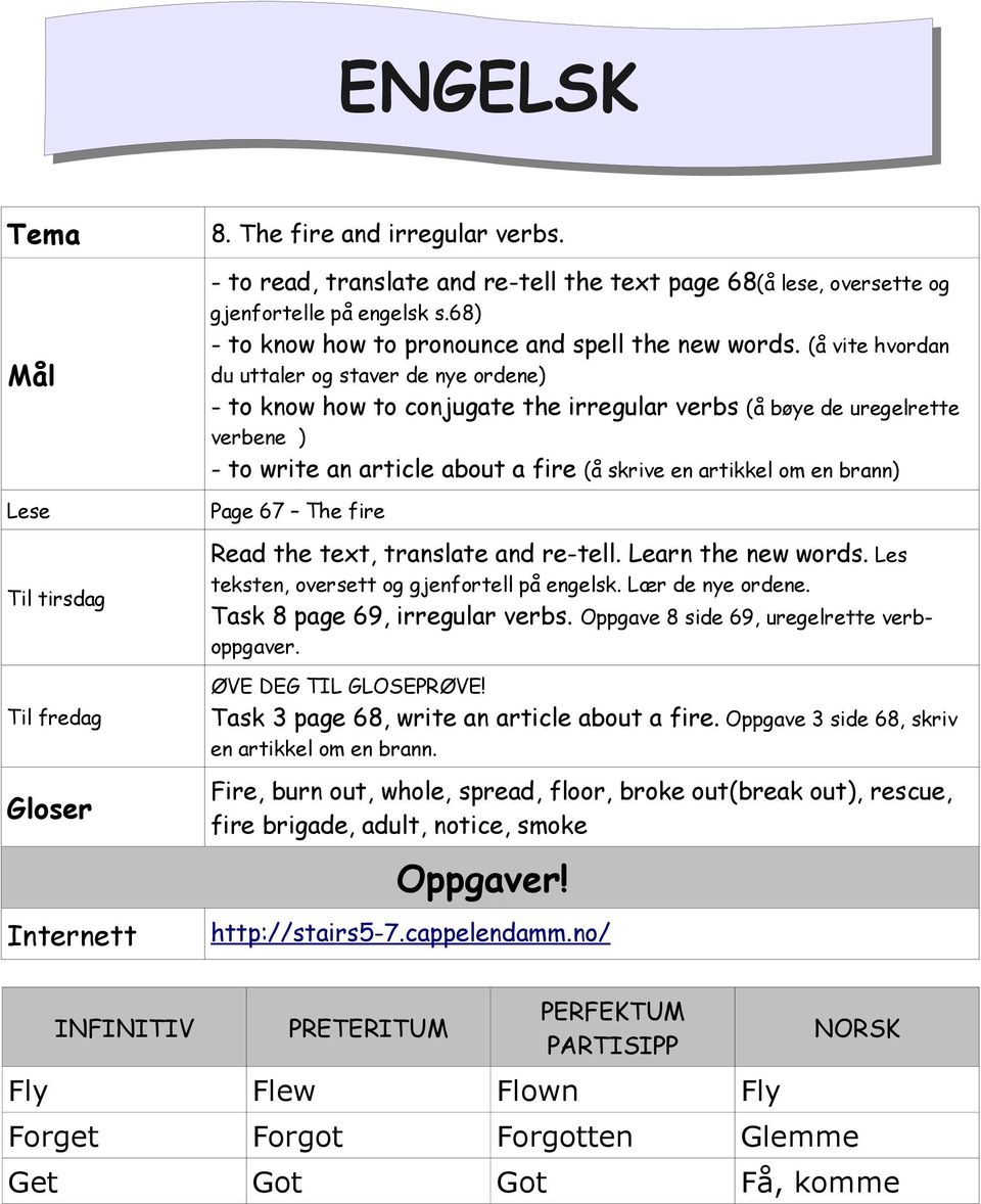 (å vite hvordan du uttaler og staver de nye ordene) - to know how to conjugate the irregular verbs (å bøye de uregelrette verbene ) - to write an article about a fire (å skrive en artikkel om en