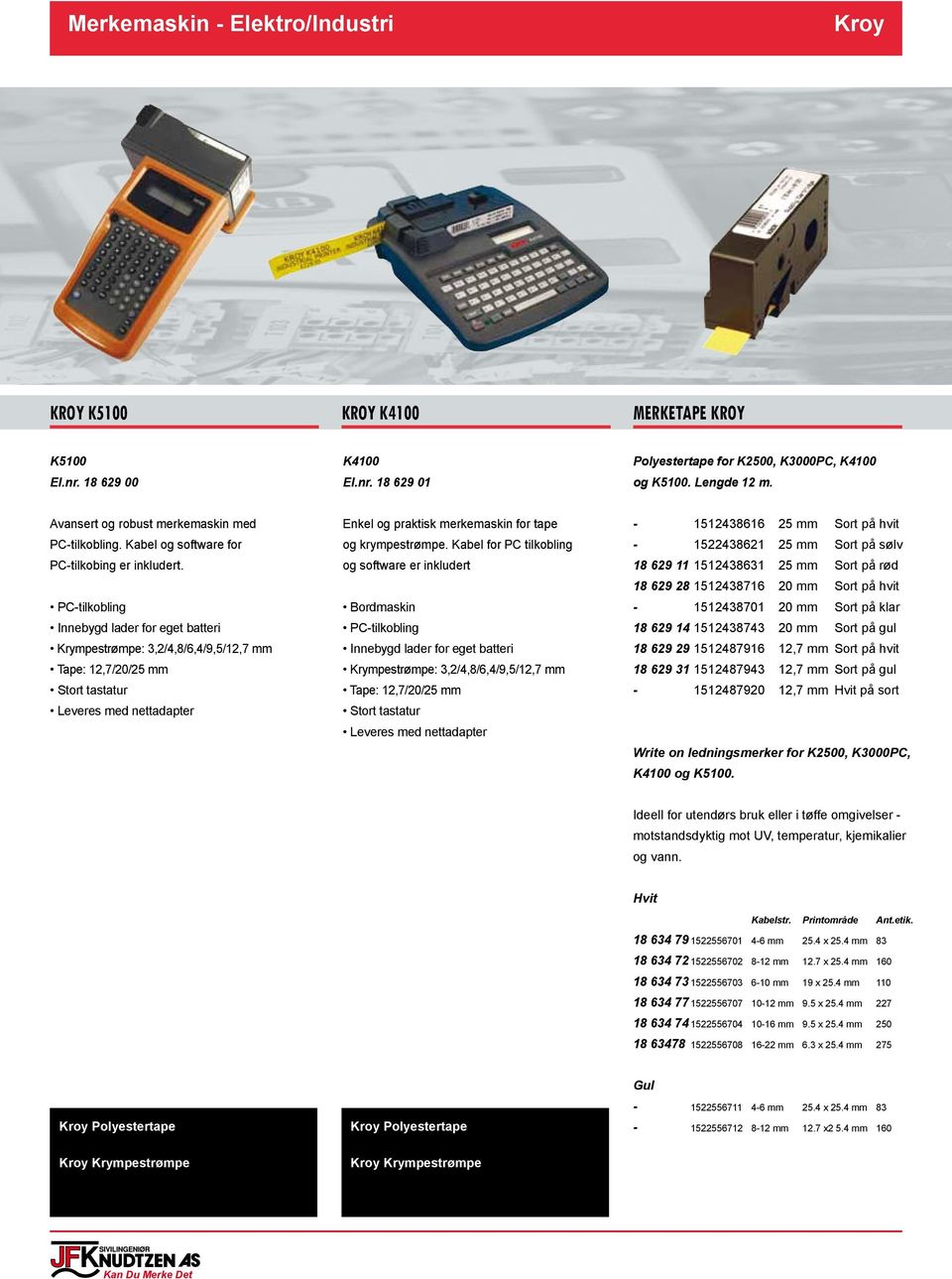 PC-tilkobling Innebygd lader for eget batteri Krympestrømpe: 3,2/4,8/6,4/9,5/12,7 mm Tape: 12,7/20/25 mm Stort tastatur Leveres med nettadapter Enkel og praktisk merkemaskin for tape og krympestrømpe.