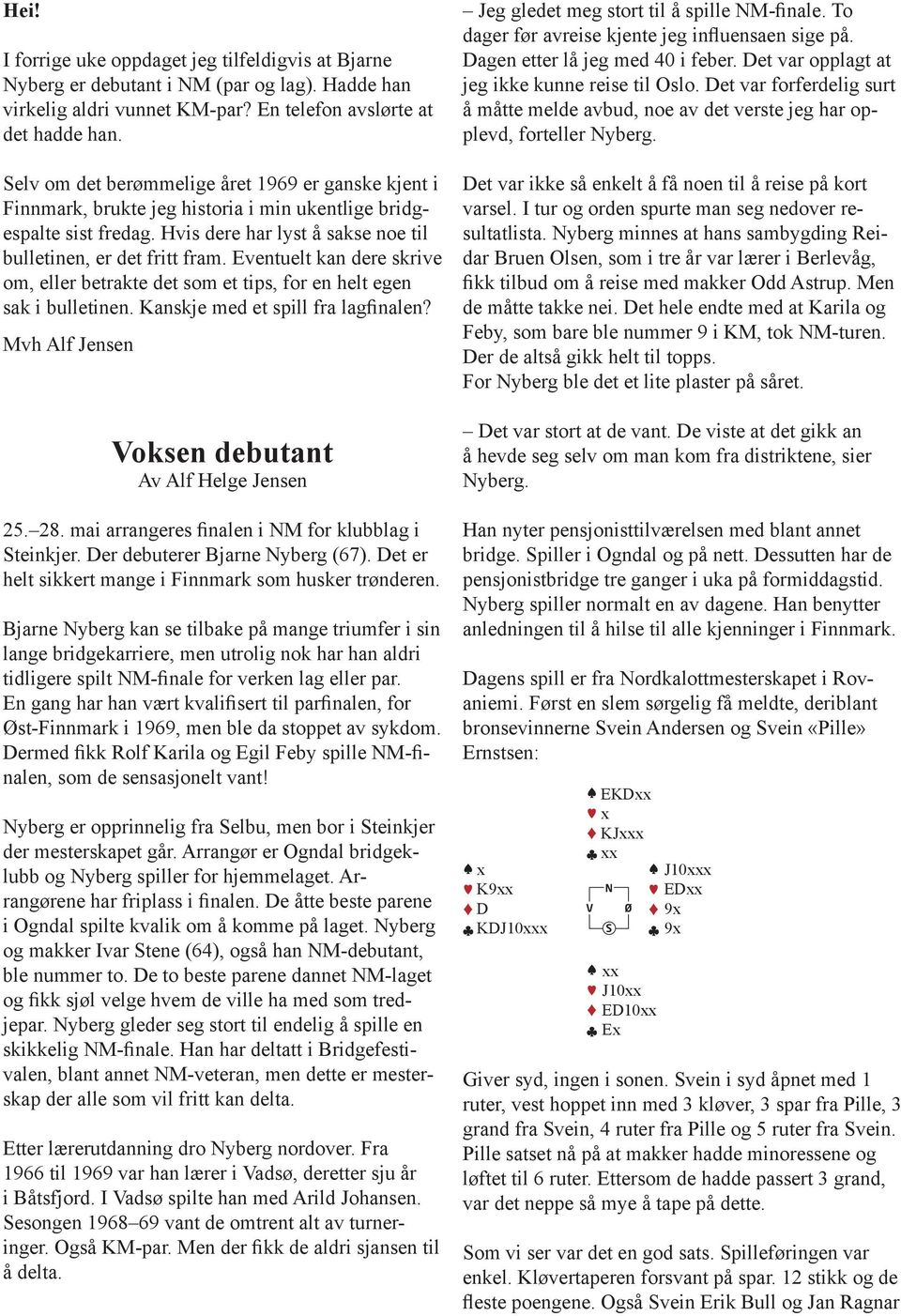 Eventuelt kan dere skrive om, eller betrakte det som et tips, for en helt egen sak i bulletinen. Kanskje med et spill fra lagfinalen? Mvh Alf Jensen Voksen debutant Av Alf Helge Jensen 25. 28.