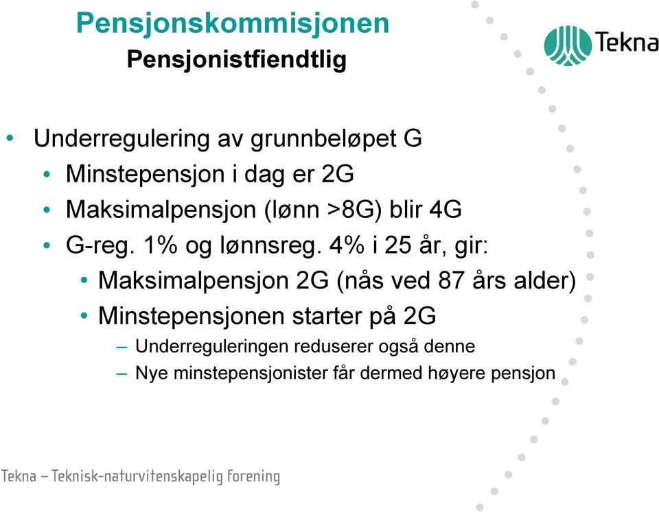 4% i 25 år, gir: Maksimalpensjon 2G (nås ved 87 års alder) Minstepensjonen