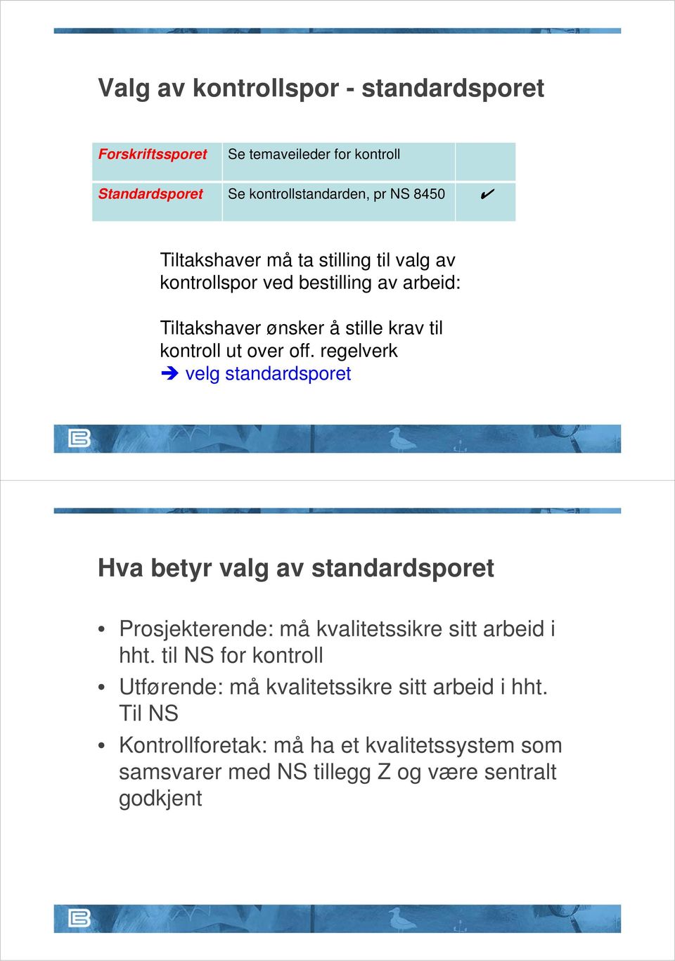 regelverk velg standardsporet Hva betyr valg av standardsporet Prosjekterende: må kvalitetssikre sitt arbeid i hht.