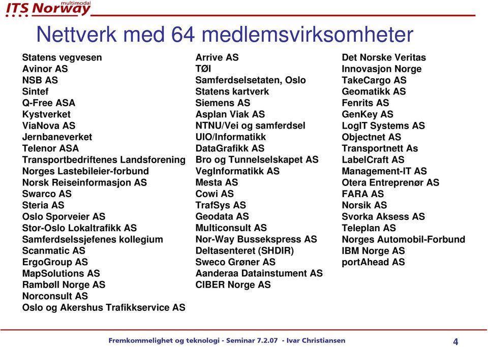 og Akershus Trafikkservice AS Arrive AS TØI Samferdselsetaten, Oslo Statens kartverk Siemens AS Asplan Viak AS NTNU/Vei og samferdsel UIO/Informatikk DataGrafikk AS Bro og Tunnelselskapet AS