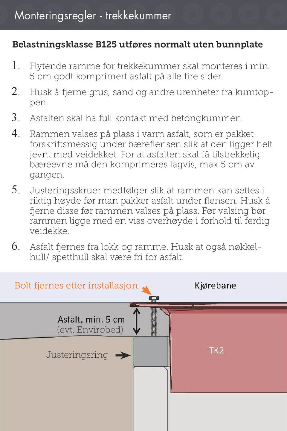 Rammen valses på plass i varm asfalt, som er pakket forskriftsmessig under bæreflensen slik at den ligger helt jevnt med veidekket.