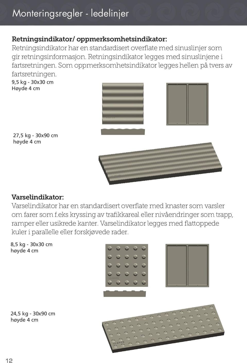 9,5 kg - 30x30 cm Høyde 4 cm 27,5 kg - 30x90 cm høyde 4 cm Varselindikator: Varselindikator har en standardisert overflate med knaster som varsler om farer som f.