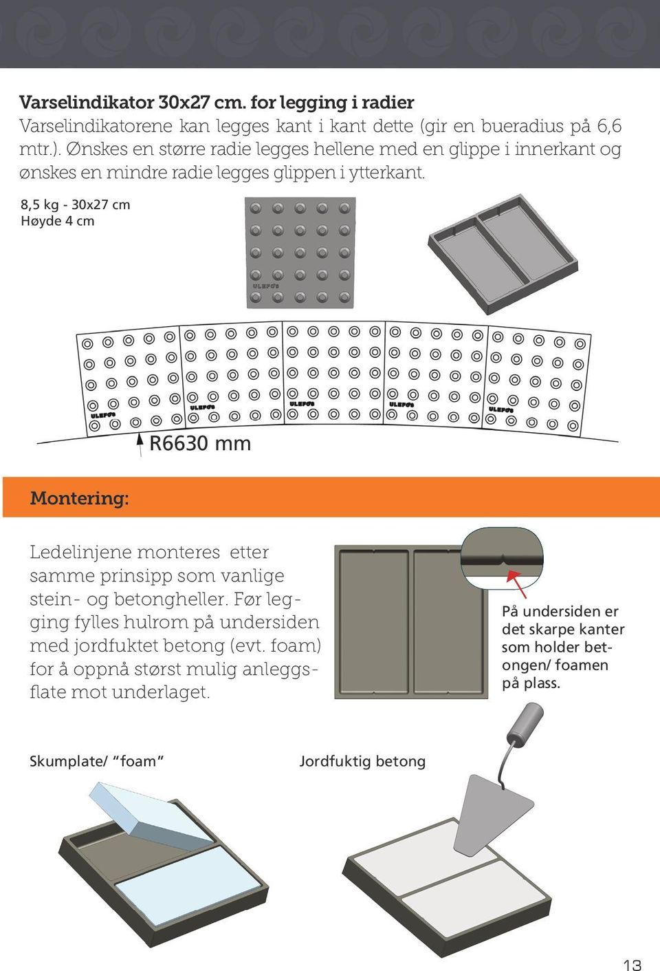 8,5 kg - 30x27 cm Høyde 4 cm R6630 mm Montering: Ledelinjene monteres etter samme prinsipp som vanlige stein- og betongheller.