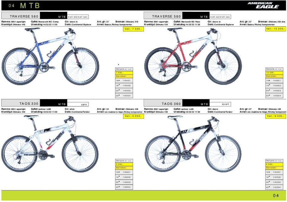 : 7 500,- TRAVERSE 580 MTB matt rød/matt sølv Ramme: 6061 superlight Gaffel: Gir: deore xt Marzocchi MZ Race Ant.