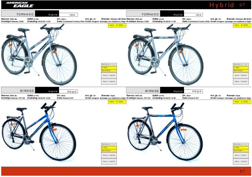 Continental Country Ride Annet: integrert styrelager, cnc maskinerte felger C203 11/30 Country Ride 50cm 142203 53cm 142401 56cm 142204 58cm 142402 MIRAGE Hybrid blå/grå MIRAGE Hybrid blå/grå Ramme: