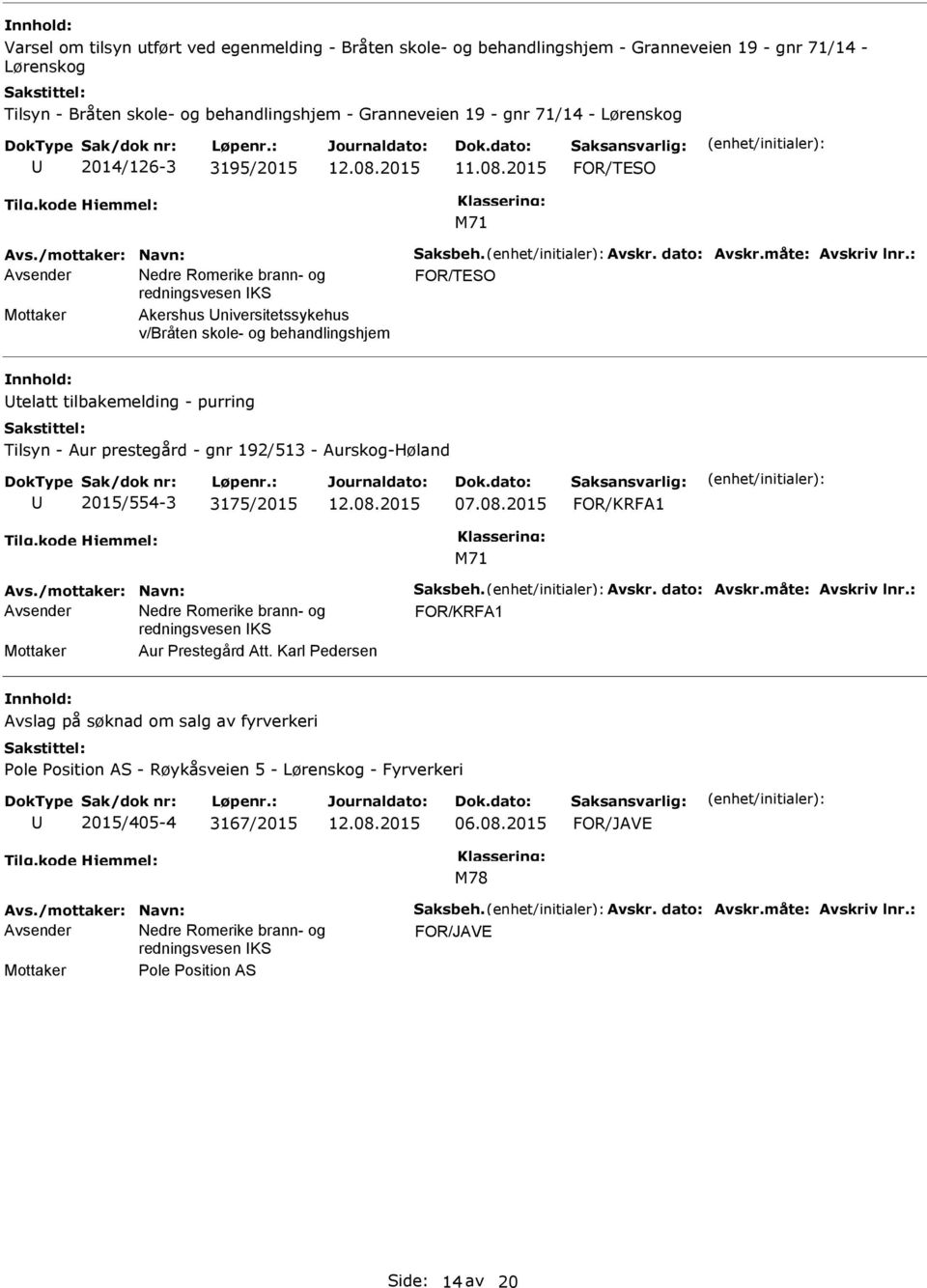 : Mottaker Akershus niversitetssykehus v/bråten skole- og behandlingshjem telatt tilbakemelding - purring Tilsyn - Aur prestegård - gnr 192/513 - Aurskog-Høland 2015/554-3 3175/2015 07.08.