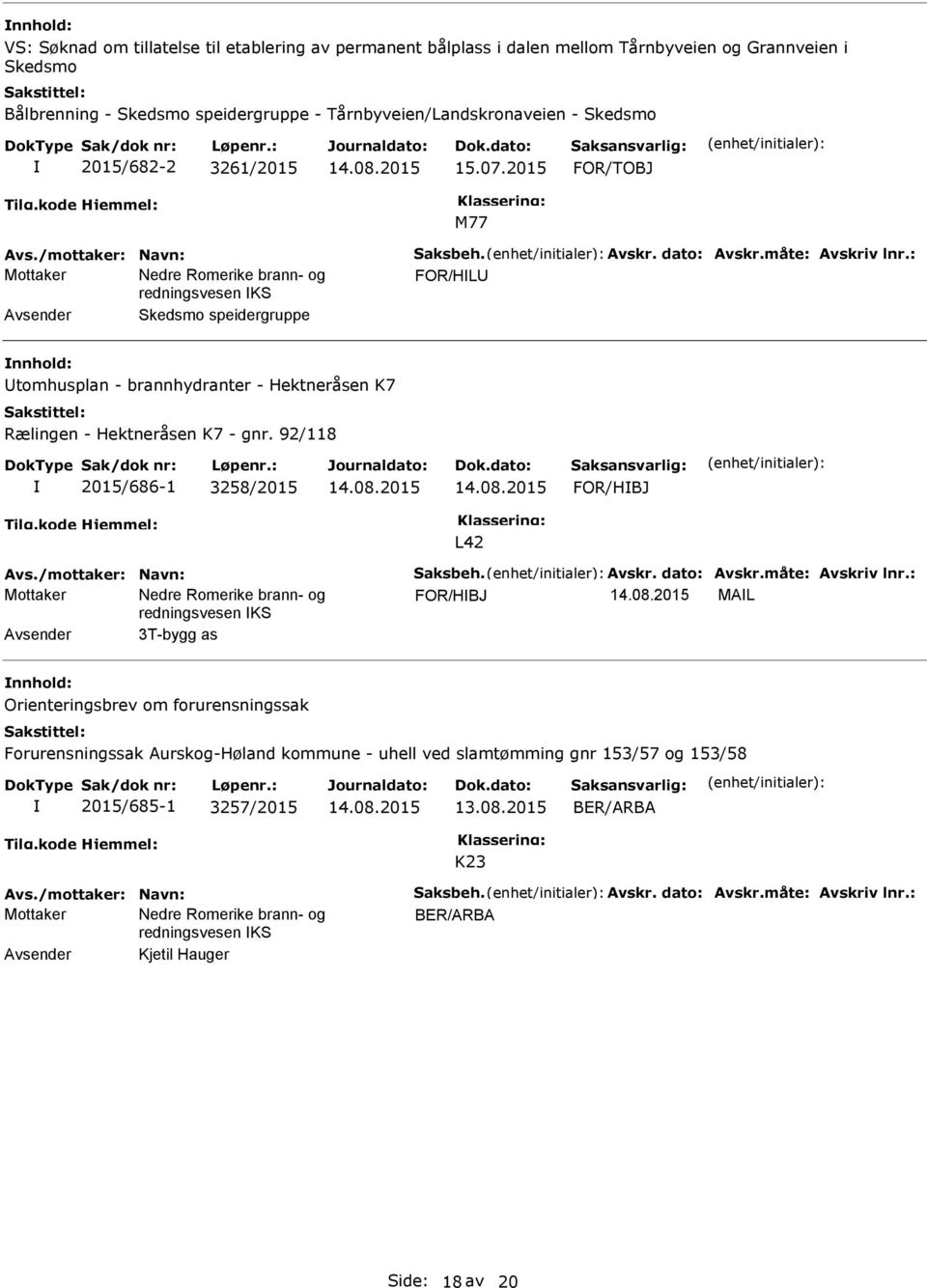 : FOR/HL Avsender Skedsmo speidergruppe tomhusplan - brannhydranter - Hektneråsen K7 Rælingen - Hektneråsen K7 - gnr. 92/118 2015/686-1 3258/2015 FOR/HBJ L42 Avs./mottaker: Navn: Saksbeh. Avskr.