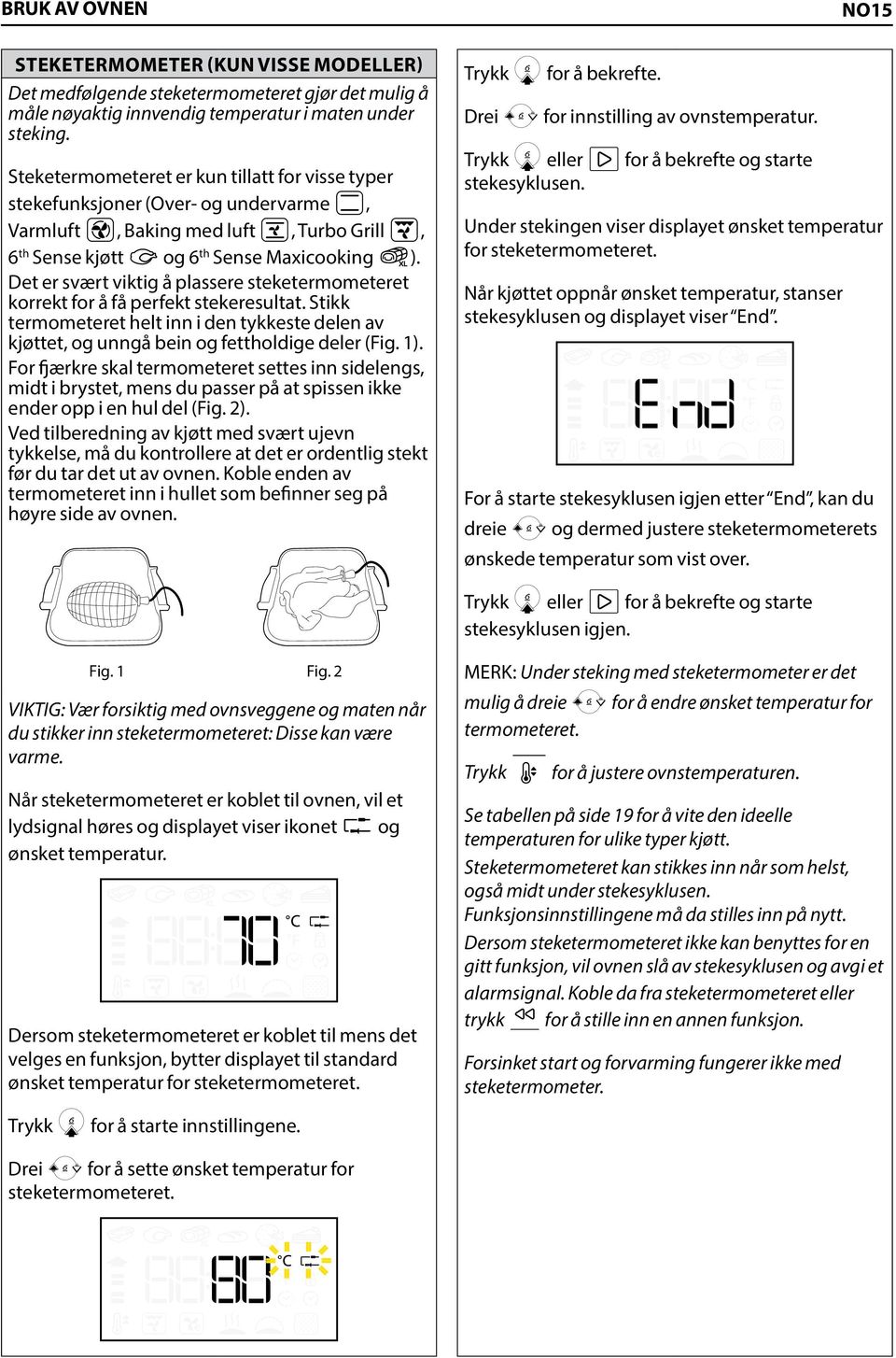 Det er svært viktig å plassere steketermometeret korrekt for å få perfekt stekeresultat. Stikk termometeret helt inn i den tykkeste delen av kjøttet, og unngå bein og fettholdige deler (Fig. 1).