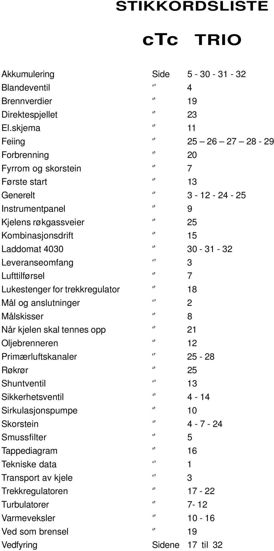 30-31 - 32 Leveranseomfang 3 Lufttilførsel 7 Lukestenger for trekkregulator 18 Mål og anslutninger 2 Målskisser 8 Når kjelen skal tennes opp 21 Oljebrenneren 12 Primærluftskanaler