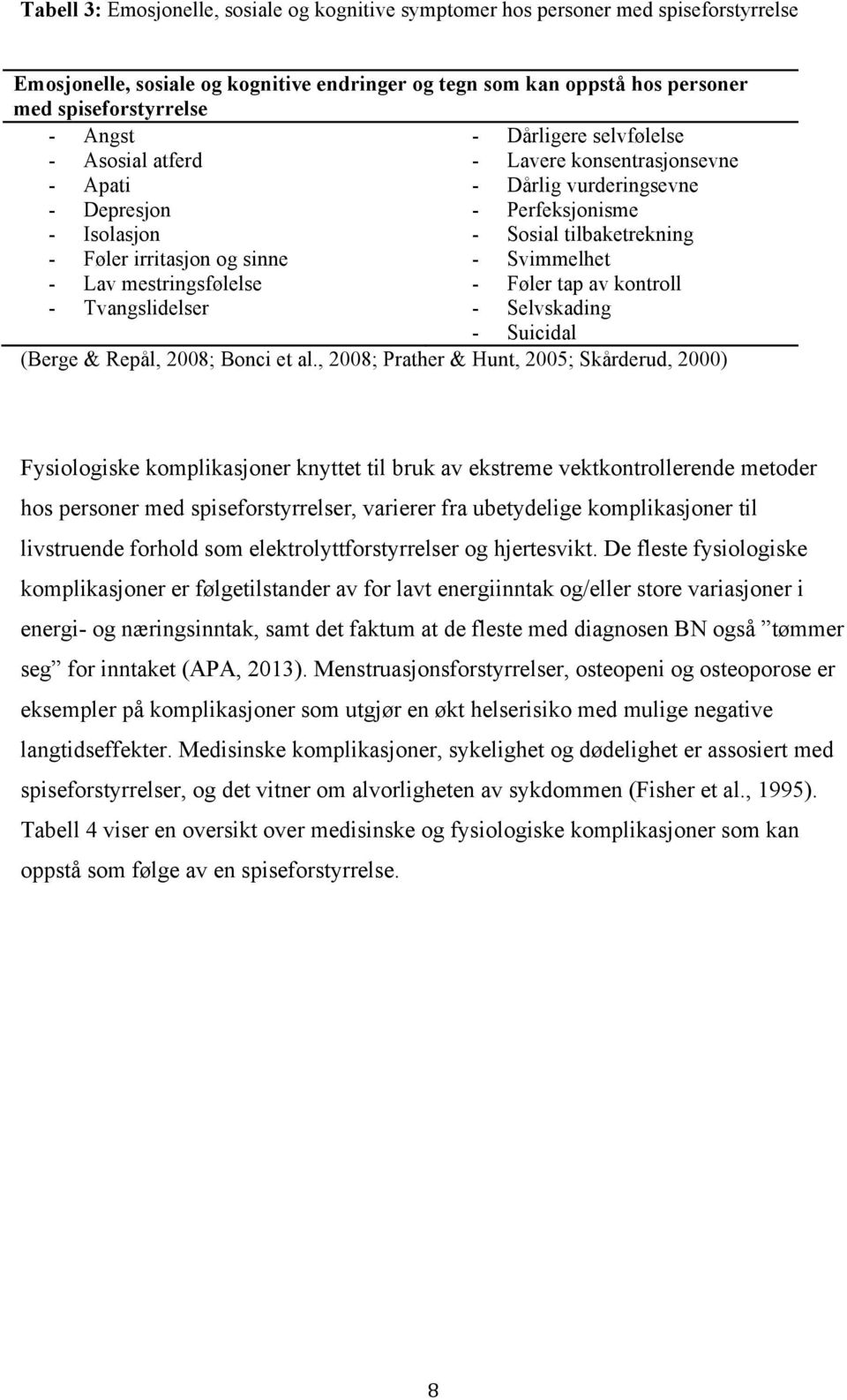 Svimmelhet - Lav mestringsfølelse - Føler tap av kontroll - Tvangslidelser - Selvskading - Suicidal (Berge & Repål, 2008; Bonci et al.