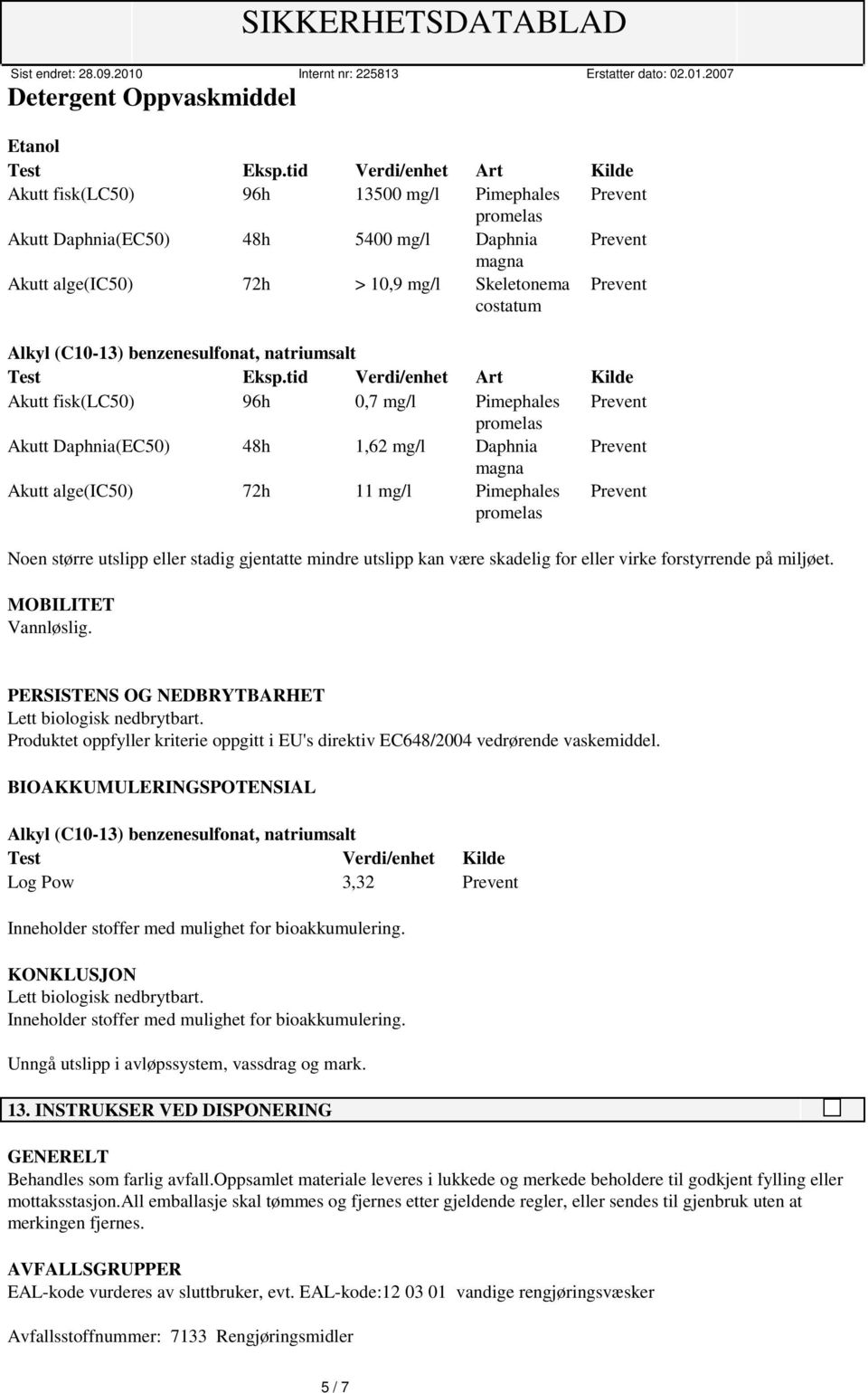 Prevent Alkyl (C10-13) benzenesulfonat, natriumsalt Test Eksp.