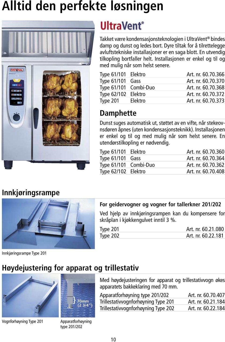 nr. 60.70.368 Type 62/102 Elektro Art. nr. 60.70.372 Type 201 Elektro Art. nr. 60.70.373 Damphette Dunst suges automatisk ut, støttet av en vifte, når stekeovnsdøren åpnes (uten kondensasjonsteknikk).