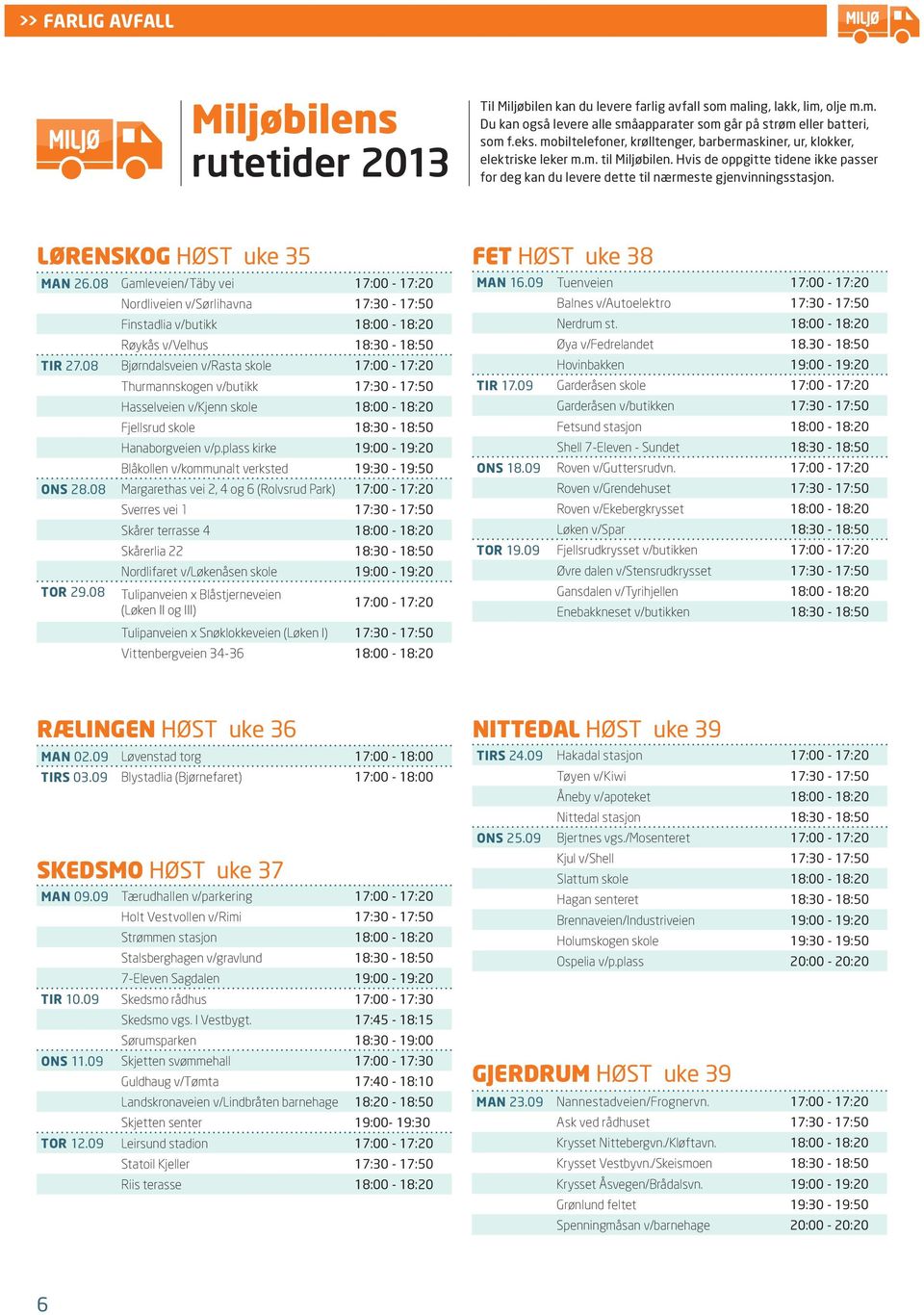 LØRENSKOG uke 35 MAN Gamleveien/Täby vei Nordliveien v/sørlihavna Finstadlia v/butikk Røykås v/velhus TIR Bjørndalsveien v/rasta skole Thurmannskogen v/butikk Hasselveien v/kjenn skole Fjellsrud