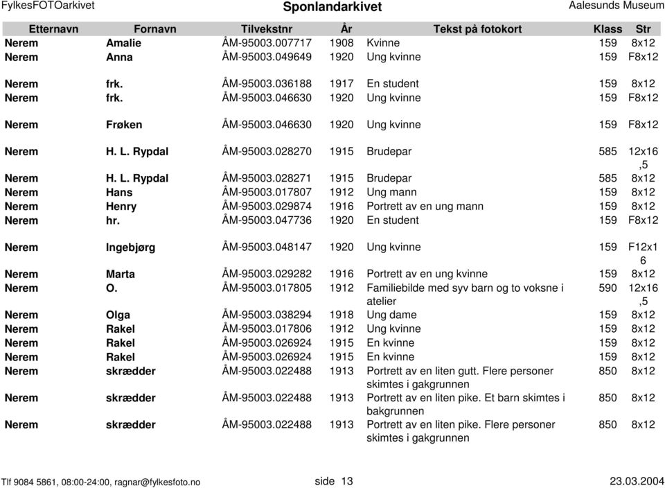 017807 1912 Ung mann 159 8x12 Nerem Henry ÅM-95003.029874 1916 Portrett av en ung mann 159 8x12 Nerem hr. ÅM-95003.047736 1920 En student 159 F8x12 Nerem Ingebjørg ÅM-95003.