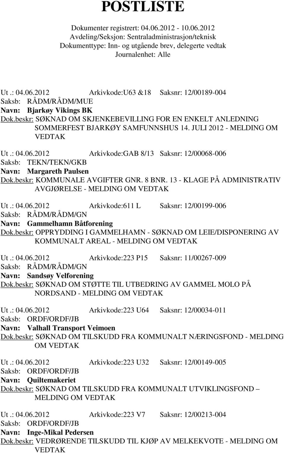 13 - KLAGE PÅ ADMINISTRATIV AVGJØRELSE - MELDING OM Ut.: 04.06.2012 Arkivkode:611 L Saksnr: 12/00199-006 Navn: Gammelhamn Båtforening Dok.