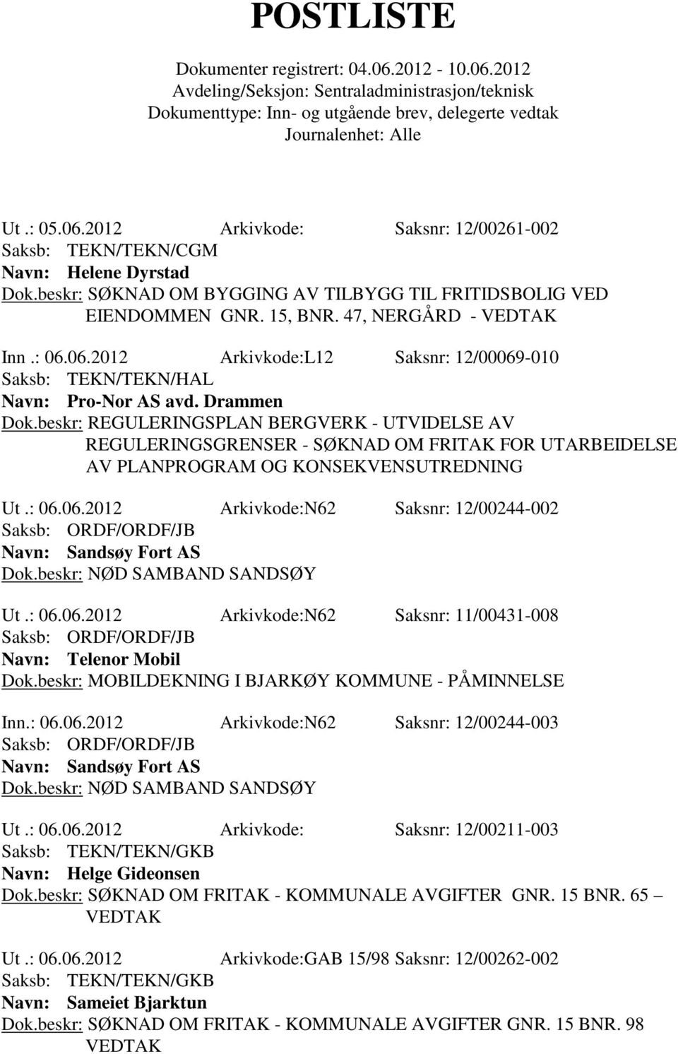06.2012 Arkivkode:N62 Saksnr: 12/00244-002 Navn: Sandsøy Fort AS Dok.beskr: NØD SAMBAND SANDSØY Ut.: 06.06.2012 Arkivkode:N62 Saksnr: 11/00431-008 Navn: Telenor Mobil Dok.