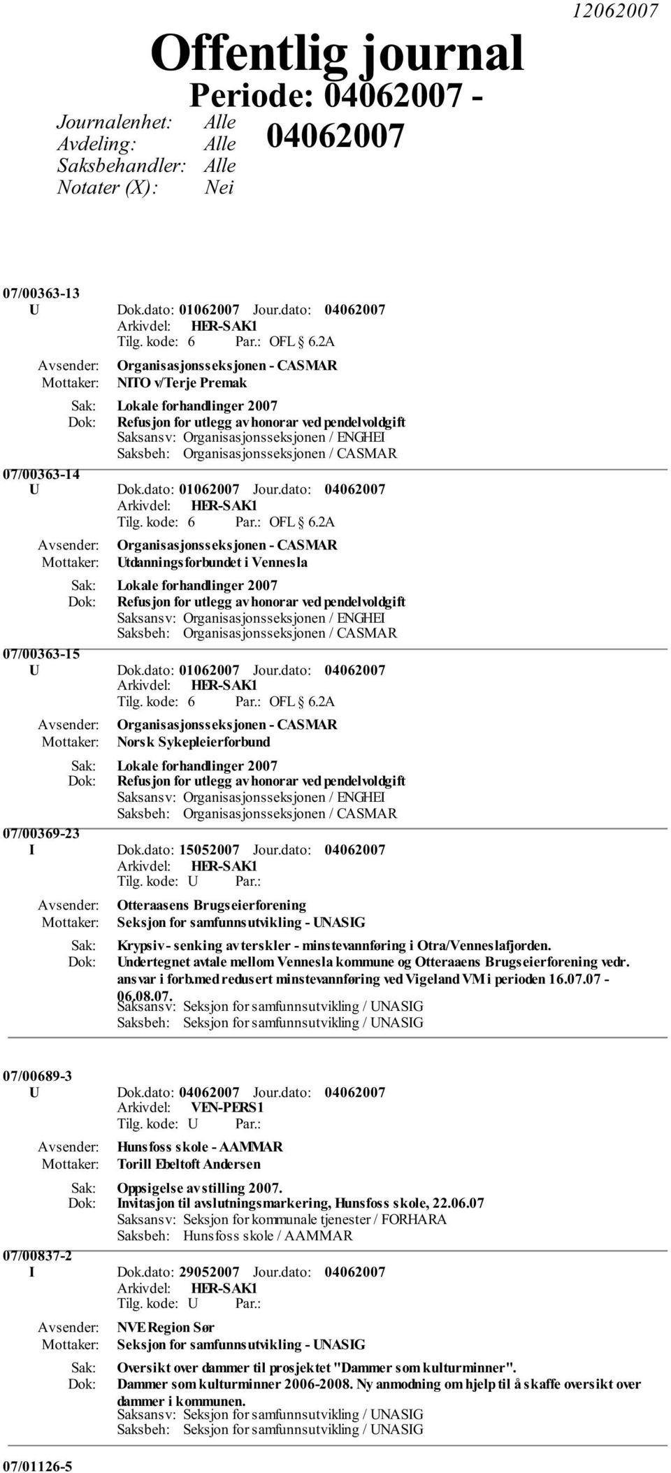 : OFL 6.2A Organisasjonsseksjonen - CASMAR Utdanningsforbundet i Vennesla Lokale forhandlinger 2007 Refusjon for utlegg av honorar ved pendelvoldgift 07/00363-15 U Dok.dato: 01062007 Jour.dato: Tilg.