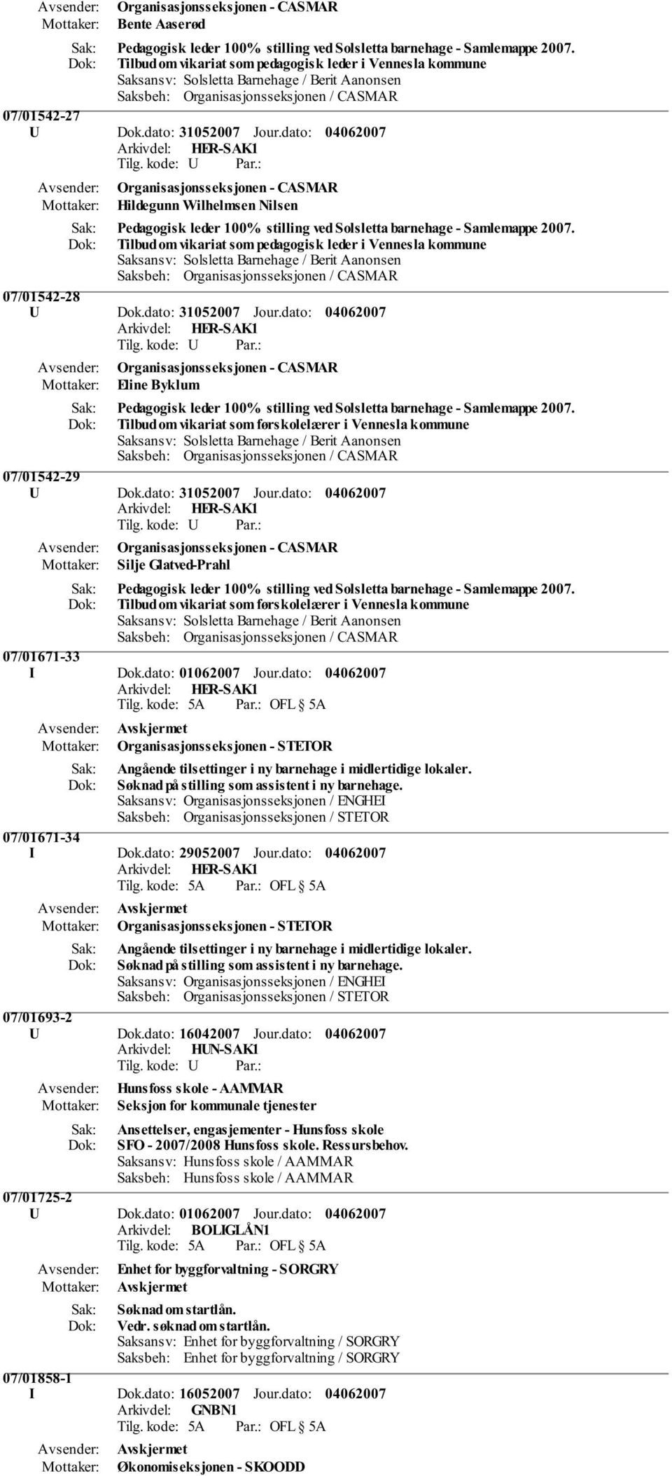 Tilbud om vikariat som pedagogisk leder i Vennesla kommune 07/01542-28 U Dok.dato: 31052007 Jour.