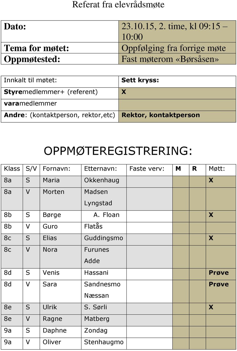 (referent) varamedlemmer Andre: (kontaktperson, rektor,etc) Rektor, kontaktperson OPPMØTEREGISTRERING: Klass S/V Fornavn: Etternavn: Faste verv: M R Møtt: