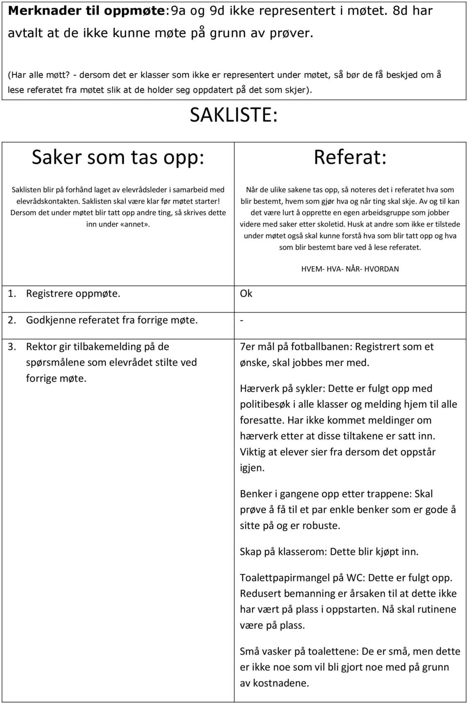 SAKLISTE: Saker som tas opp: Saklisten blir på forhånd laget av elevrådsleder i samarbeid med elevrådskontakten. Saklisten skal være klar før møtet starter!