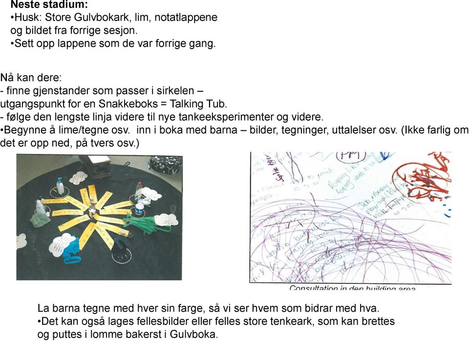 - følge den lengste linja videre til nye tankeeksperimenter og videre. Begynne å lime/tegne osv. inn i boka med barna bilder, tegninger, uttalelser osv.