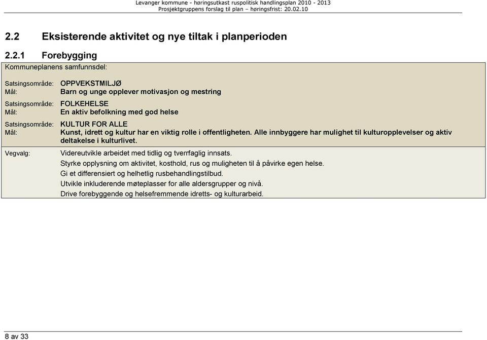 Alle innbyggere har mulighet til kulturopplevelser og aktiv deltakelse i kulturlivet. Vegvalg: Videreutvikle arbeidet med tidlig og tverrfaglig innsats.