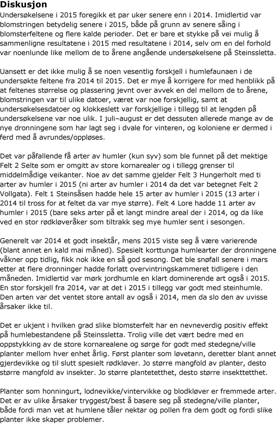 Uansett er det ikke mulig å se noen vesentlig forskjell i humlefaunaen i de undersøkte feltene fra 2014 til 2015.