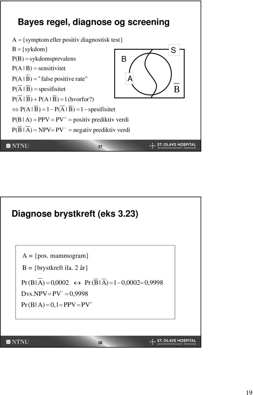 ) P(A B) = 1 P(A B) = 1 spesifisitet P(B A) P(B A) = sensitivitet = " false positive rate" = spesifisitet = PPV = PV = NPV= PV + B =